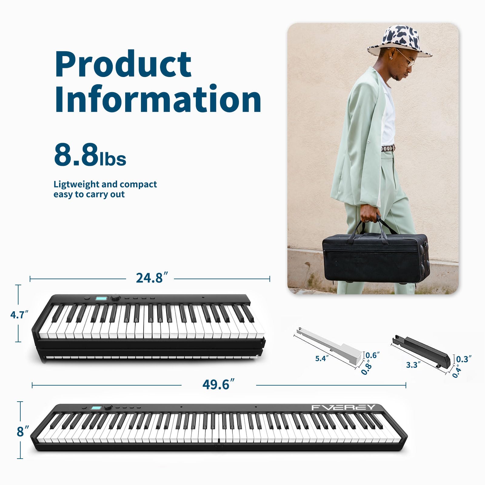 FVEREY 88 Key Folding Piano Keyboard - Semi-Weighted Portable Digital Piano with Sustain Pedal, Bluetooth & USB MIDI - Full Size Electric Keyboard for Beginners & Adults - Perfect for Home Practice, Travel & Studio Recording