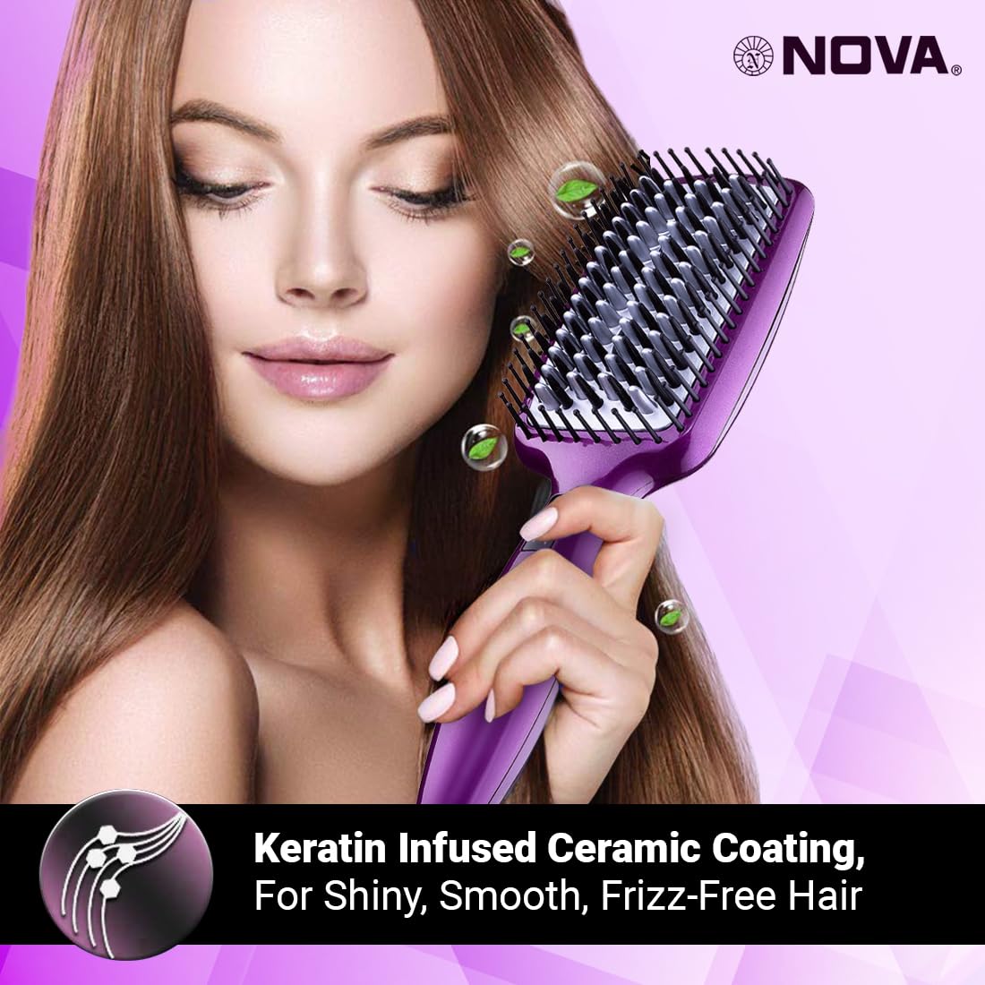 NOVA NHS 907 Professional Hair Straightener & Styling Brush - Purple | 2-in-1 Flat Iron & Volumizing Brush for Smooth, Frizz-Free Hair | Perfect for Home Use, Travel & Salon Styling
