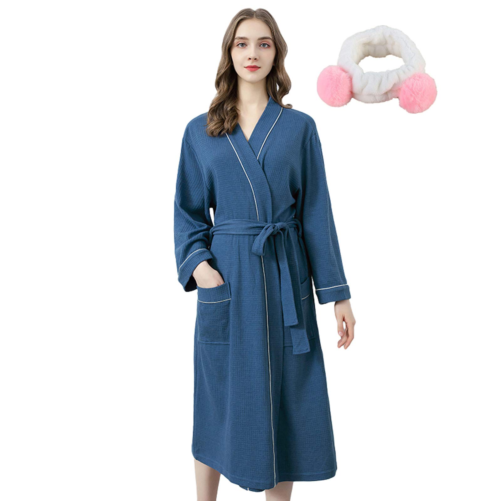 Jixin4you Women's Kimono Bathrobe & Spa Headband Set - Soft Knit Cotton Waffle Dressing Gown with Pockets for Home, Spa, and Relaxation