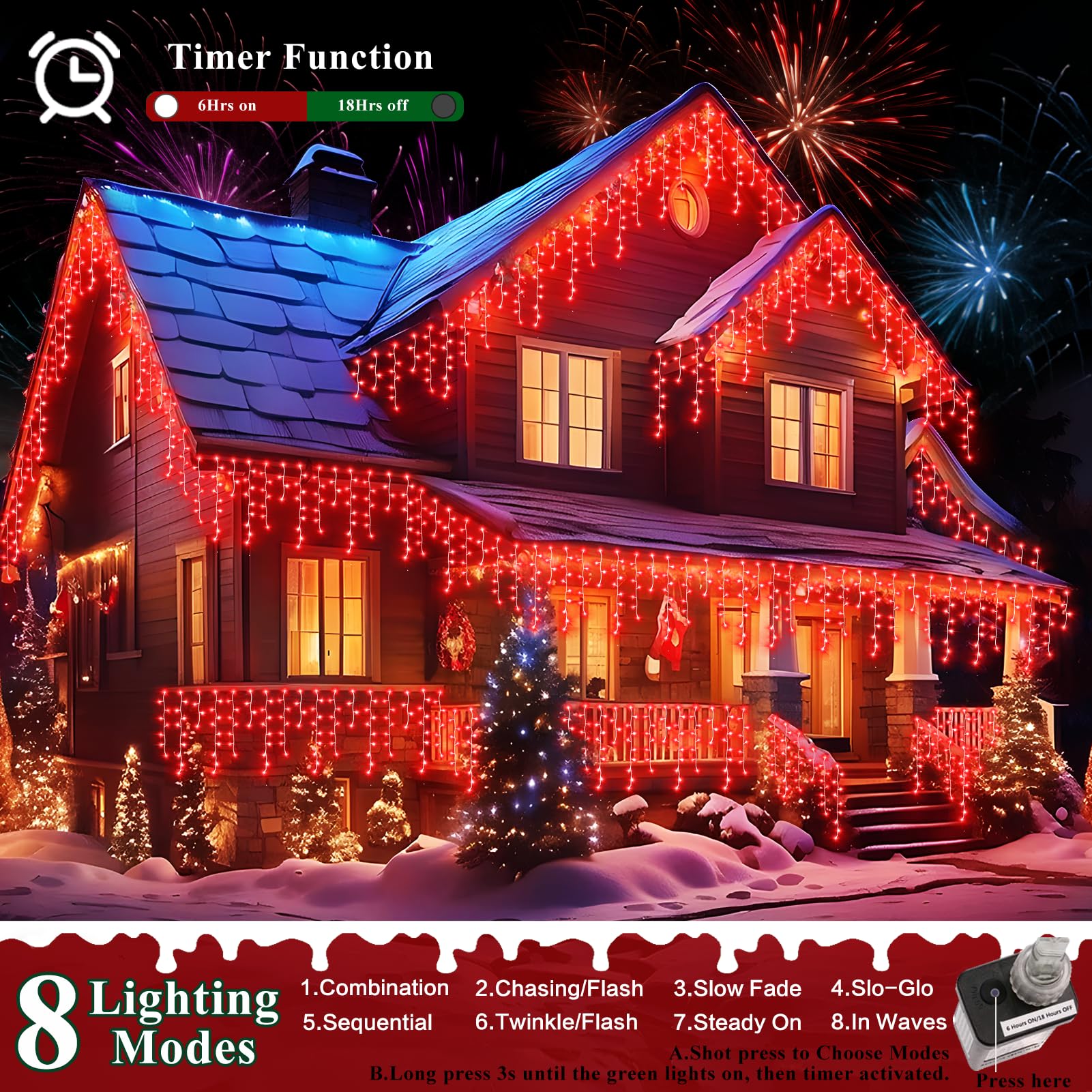 XURISEN 66ft Outdoor Christmas Lights Decorations - 640 LED Waterproof Fairy String Lights with 8 Modes & 120 Drops, Timer Memory Function for Holiday, Wedding, Party, Garden, Patio, and Indoor Decor (Red)
