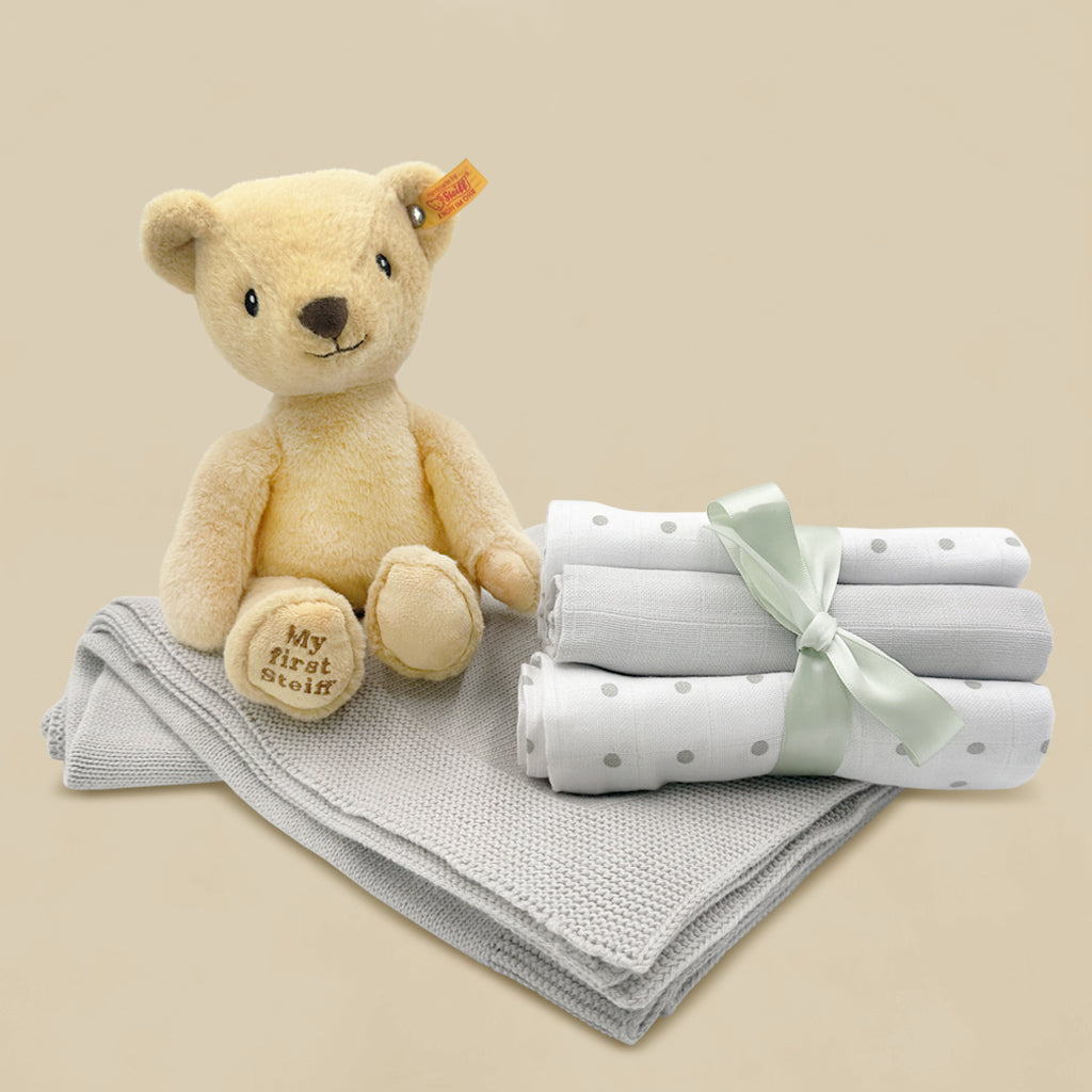 Premium Steiff Muslin Swaddle Blanket & Baby Gift Set - Soft Organic Cotton, Neutral Colors - Perfect for Newborns, Showers & Nursery Essentials