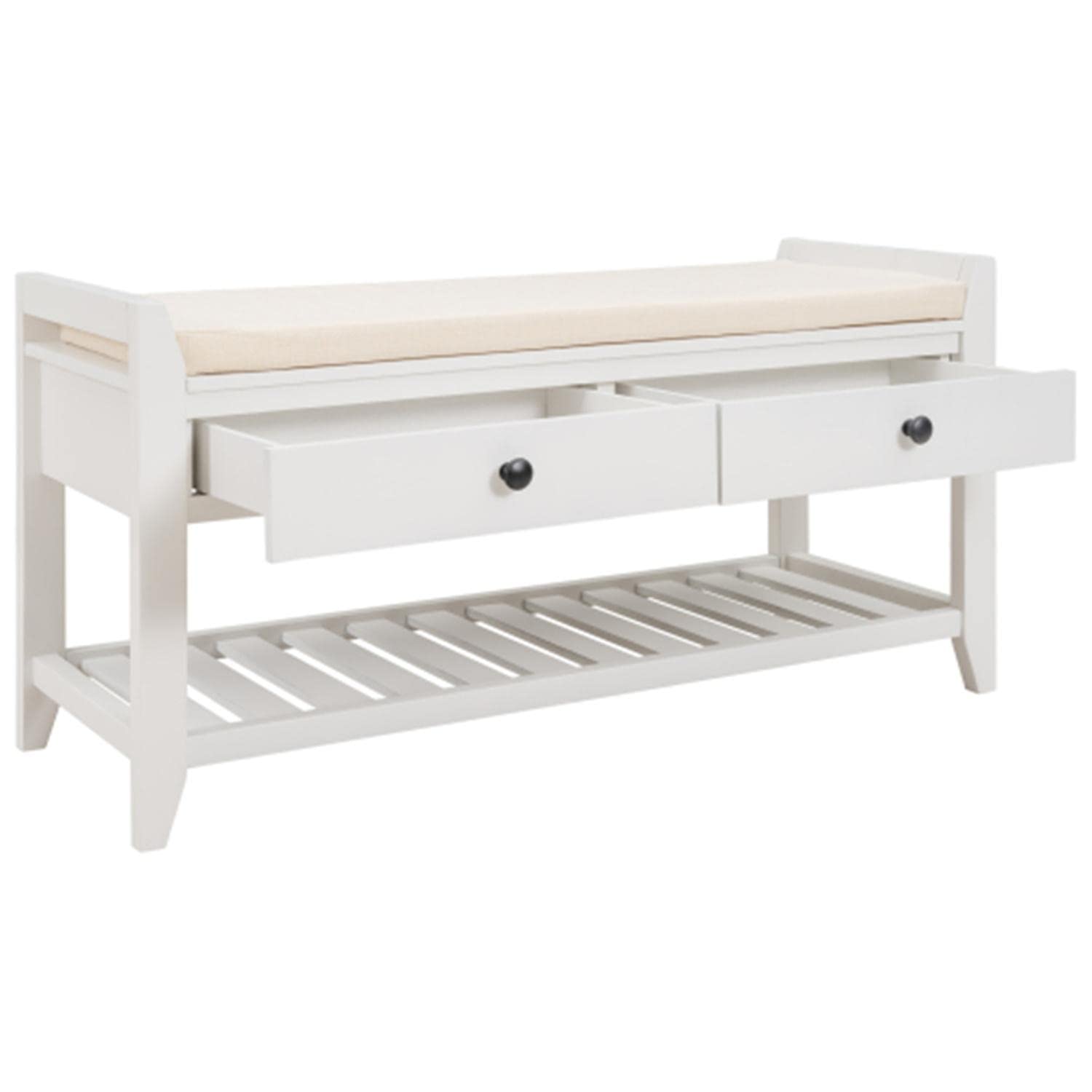 White Wooden Shoe Storage Bench with 2 Drawers & Cushioned Seat - Entryway Organizer for Shoes, Hats & Accessories | Perfect for Hallway, Mudroom or Bedroom Storage Solution