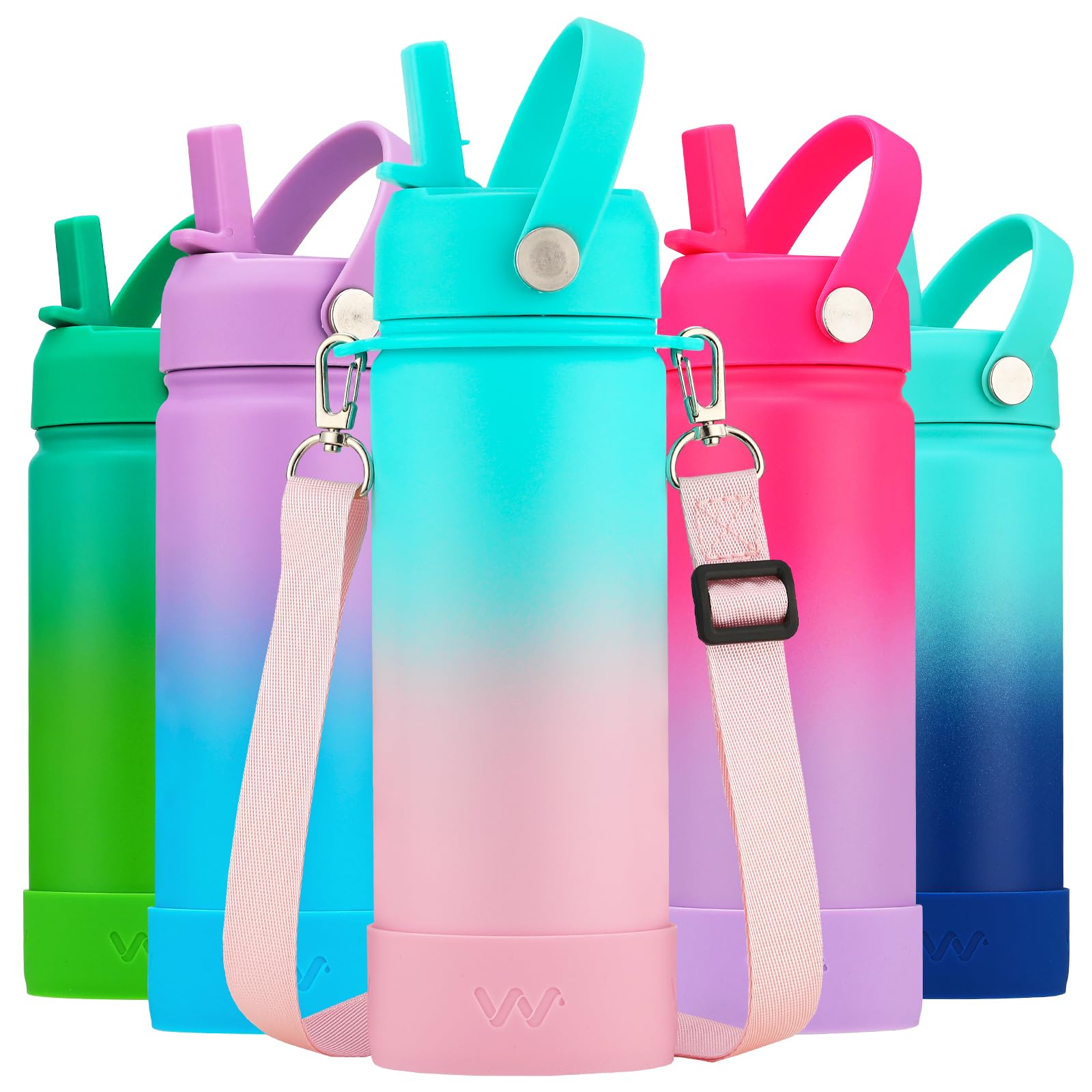 **18oz Insulated Stainless Steel Kids Water Bottle with Straw Lid, Shoulder Strap & Boot - Leakproof Reusable Metal Bottle for School, Travel & Outdoor Activities - Bubble Gum (18 oz)**