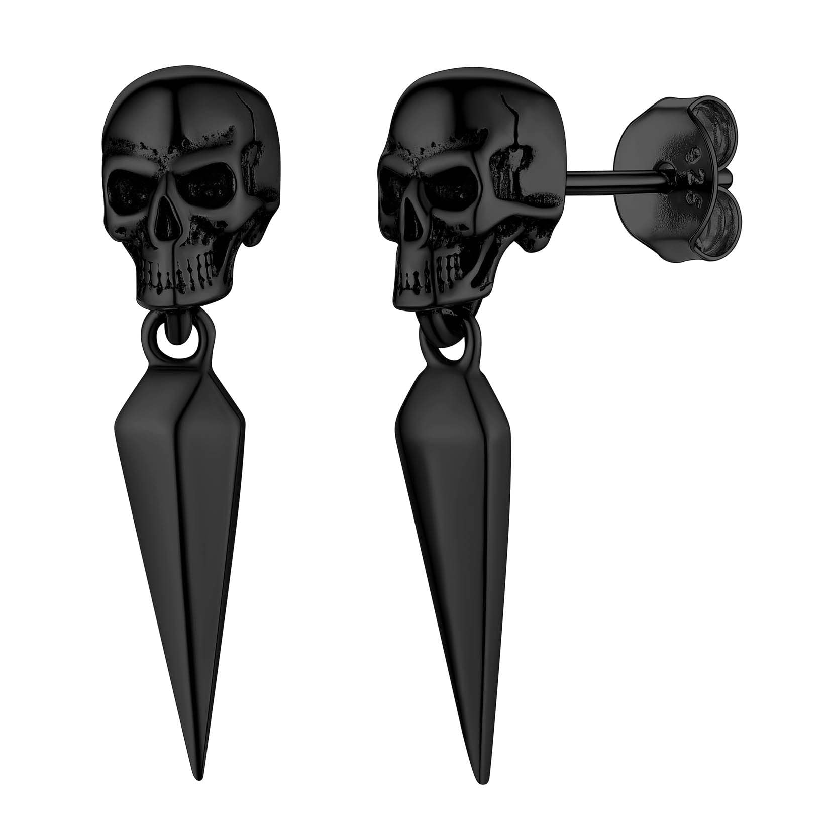 Suplight 925 Sterling Silver Black Skull Earrings - Gothic Punk Spike Dangle Earrings for Men & Women - Perfect for Halloween, Cosplay and Alternative Fashion