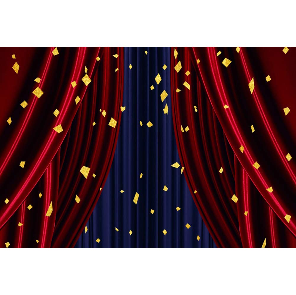 Laeacco 5x3ft Red Curtain Golden Confetti Photography Backdrop - Graduation Ceremony, Birthday Party, Stage Podium Decor for Studio Photo Props & Victory Celebration Background (Customizable)