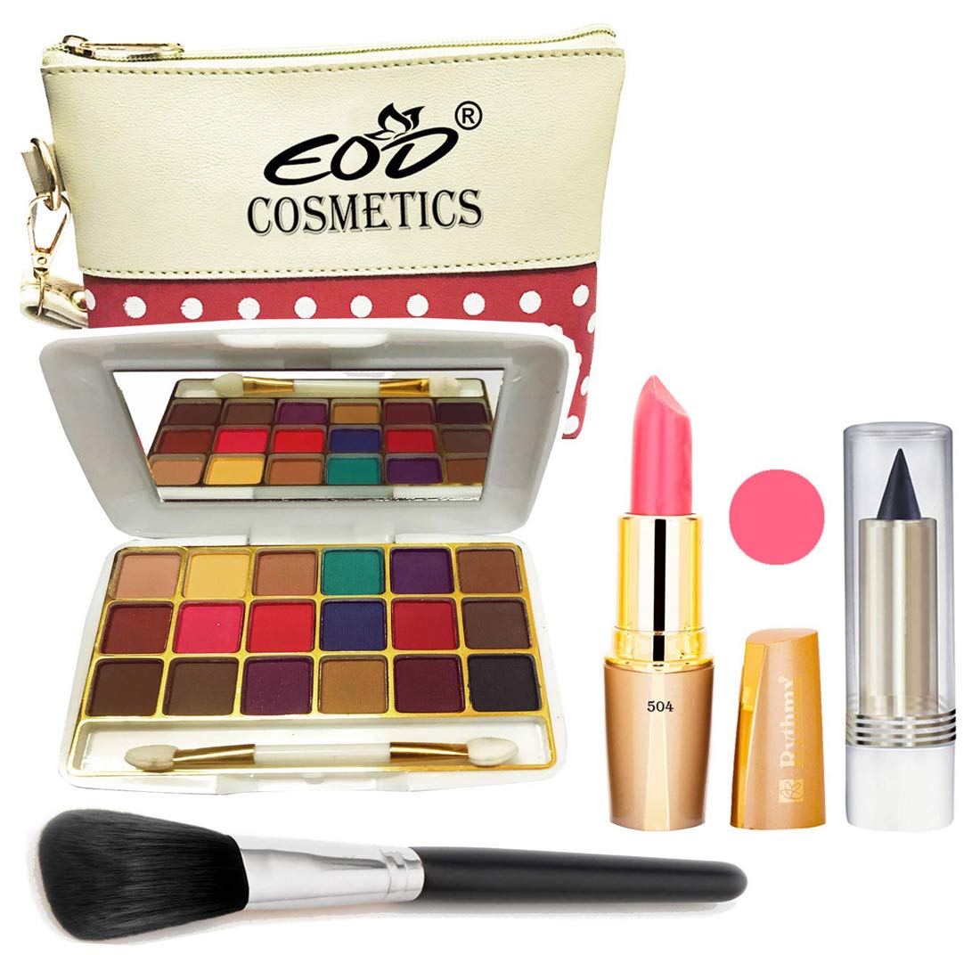 Eod Cosmetics Makeup Kit - 18 Color Eyeshadow Palette, Creamy Matte Lipstick, Makeup Brush & Kajal with Multi-Purpose Pouch (Set of 5) | Perfect for Travel, Parties & Everyday Glam Makeup Looks