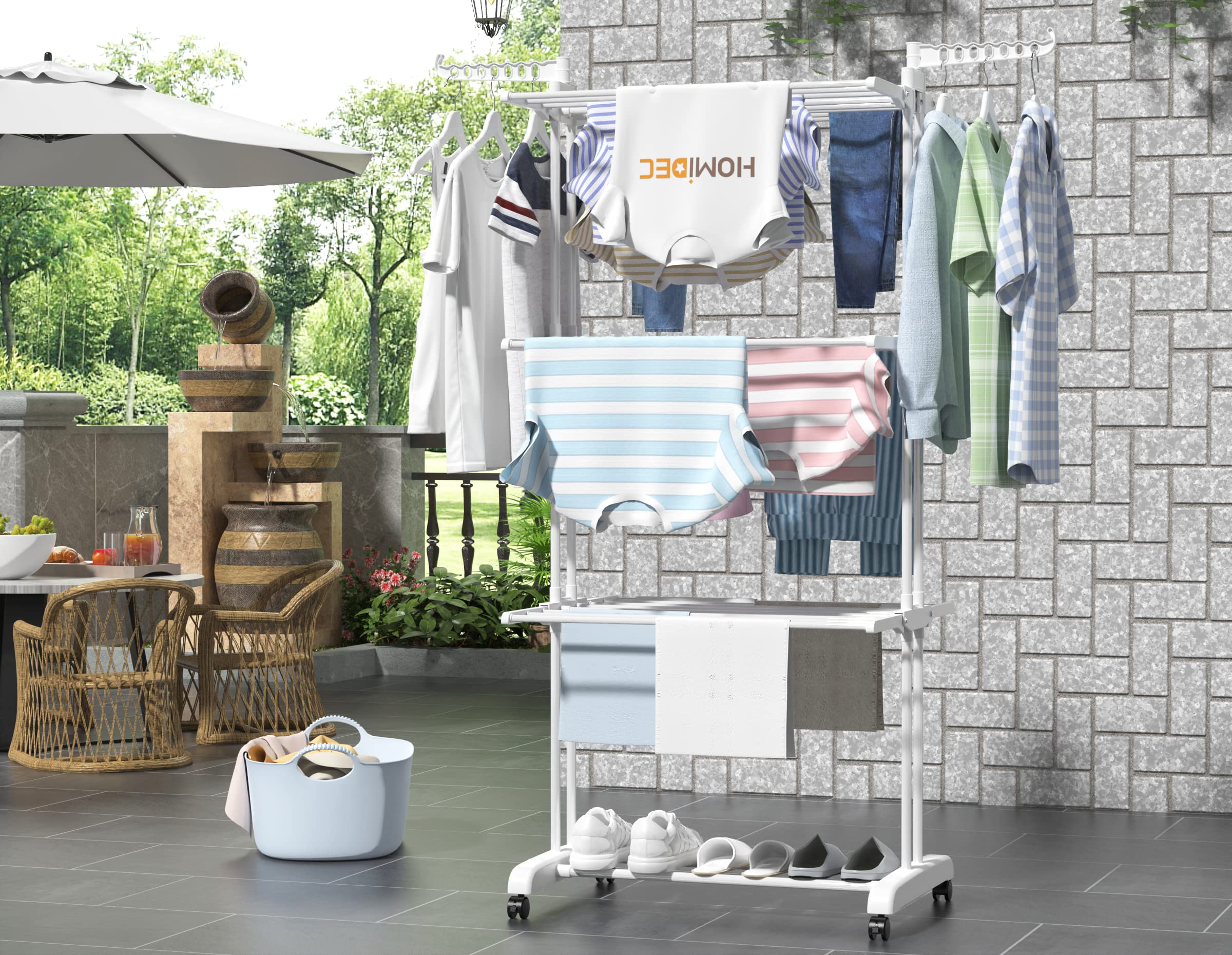 HOMIDEC 4-Tier Foldable Clothes Drying Rack - Large Stainless Steel Laundry Rack with Wheels (67.7