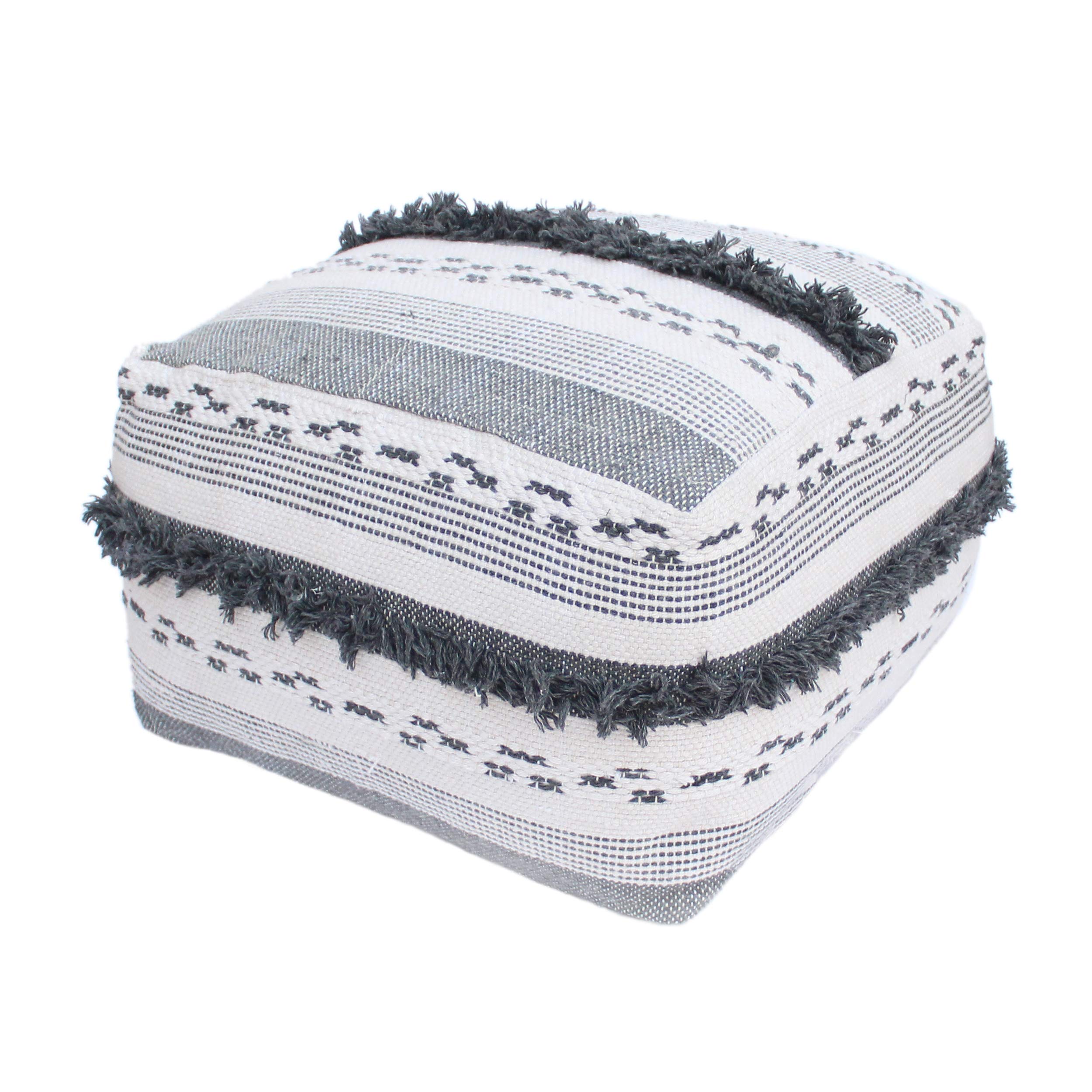 Laura Large Contemporary Faux Yarn Pouf Ottoman - Ivory & Gray Modern Footrest & Accent Seat - Perfect for Living Room, Bedroom & Nursery Decor