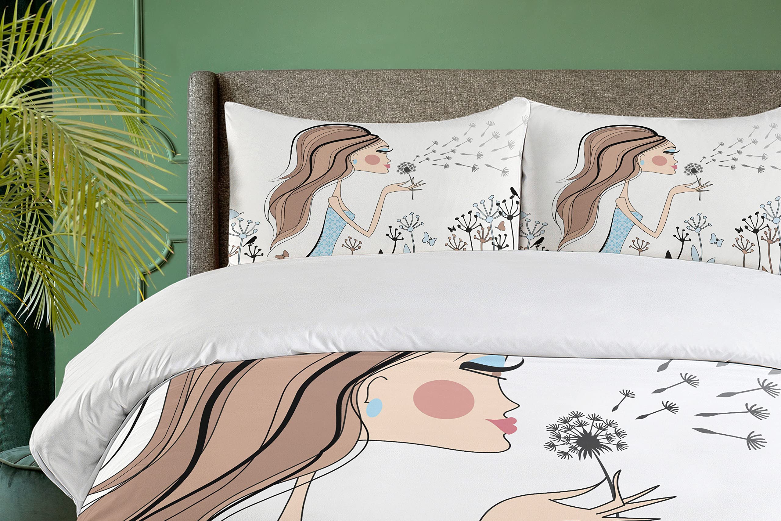 Ambesonne Retro Duvet Cover Set - Fashion Woman with Dandelion Flower Spring Wind Garden Sketchy Illustration, 3-Piece King Size Bedding Set with 2 Pillow Shams in Warm Taupe & Blue | Perfect for Bohemian Bedroom Decor, Guest Room Makeover & Cozy Home Styling