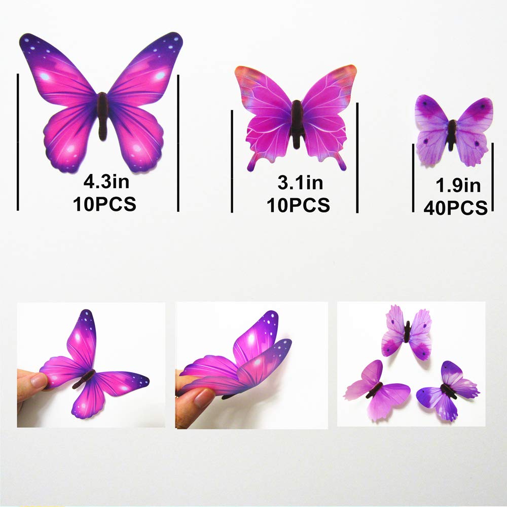 60PCS 3D Butterfly Wall Decals - Purple Vinyl Stickers for Home Decor, Kids Room & Bedroom Wall Art - Perfect for Nursery, Living Room and Party Decoration