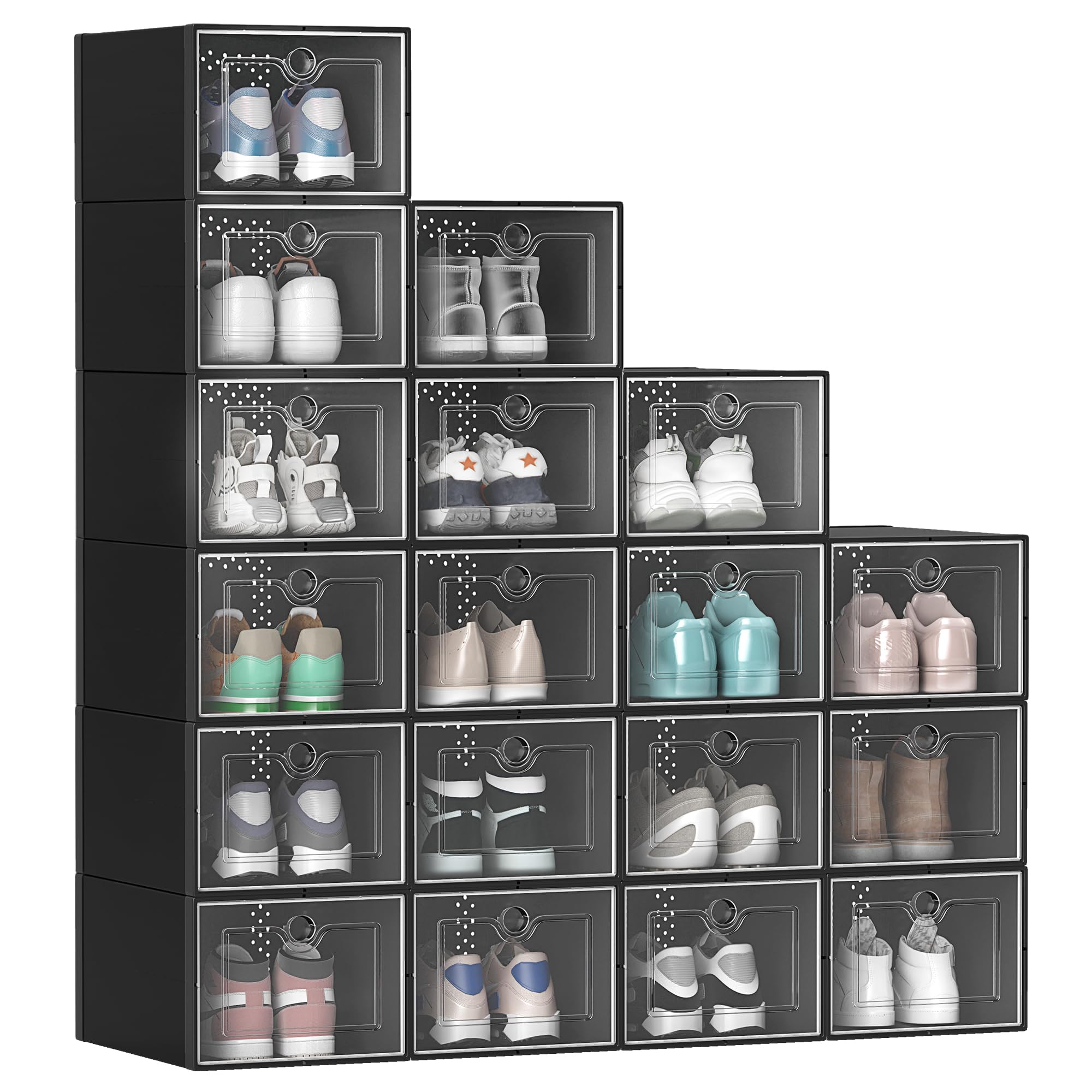 YITAHOME Stackable Shoe Storage Organizers - 18-Piece Medium Size Shoe Boxes with Drawers for Closet Organization - Perfect for Bedroom, Entryway & Dorm Storage Solutions - Black