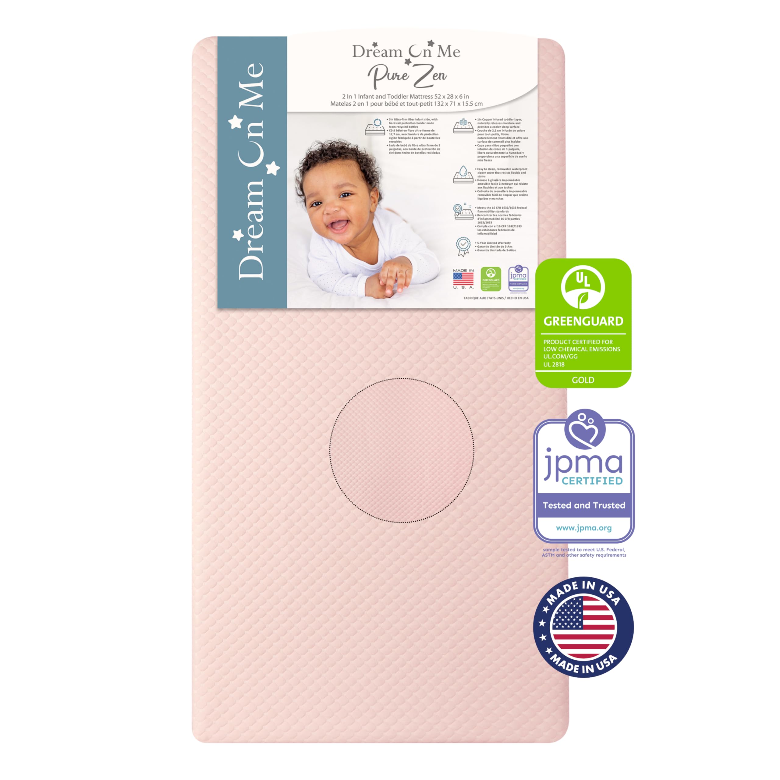 Dream On Me 2-in-1 Convertible Crib Mattress for Infants & Toddlers | GREENGUARD Gold & JPMA Certified | Copper-Infused Hypoallergenic Layer | Removable Washable Cover | Pure Zen White & Pink | Perfect for Nursery, Daycare & Travel
