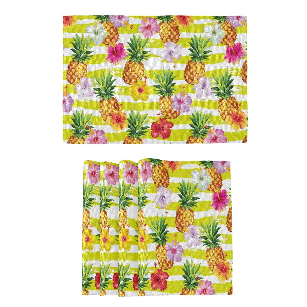 Oarencol Set of 4 Hawaiian Pineapple & Hibiscus Flower Tropical Placemats - Heat-Resistant, Washable Table Mats for Kitchen & Dining Table Decor | Perfect for Summer Parties, Beach-Themed Dinners & Tropical Home Decor
