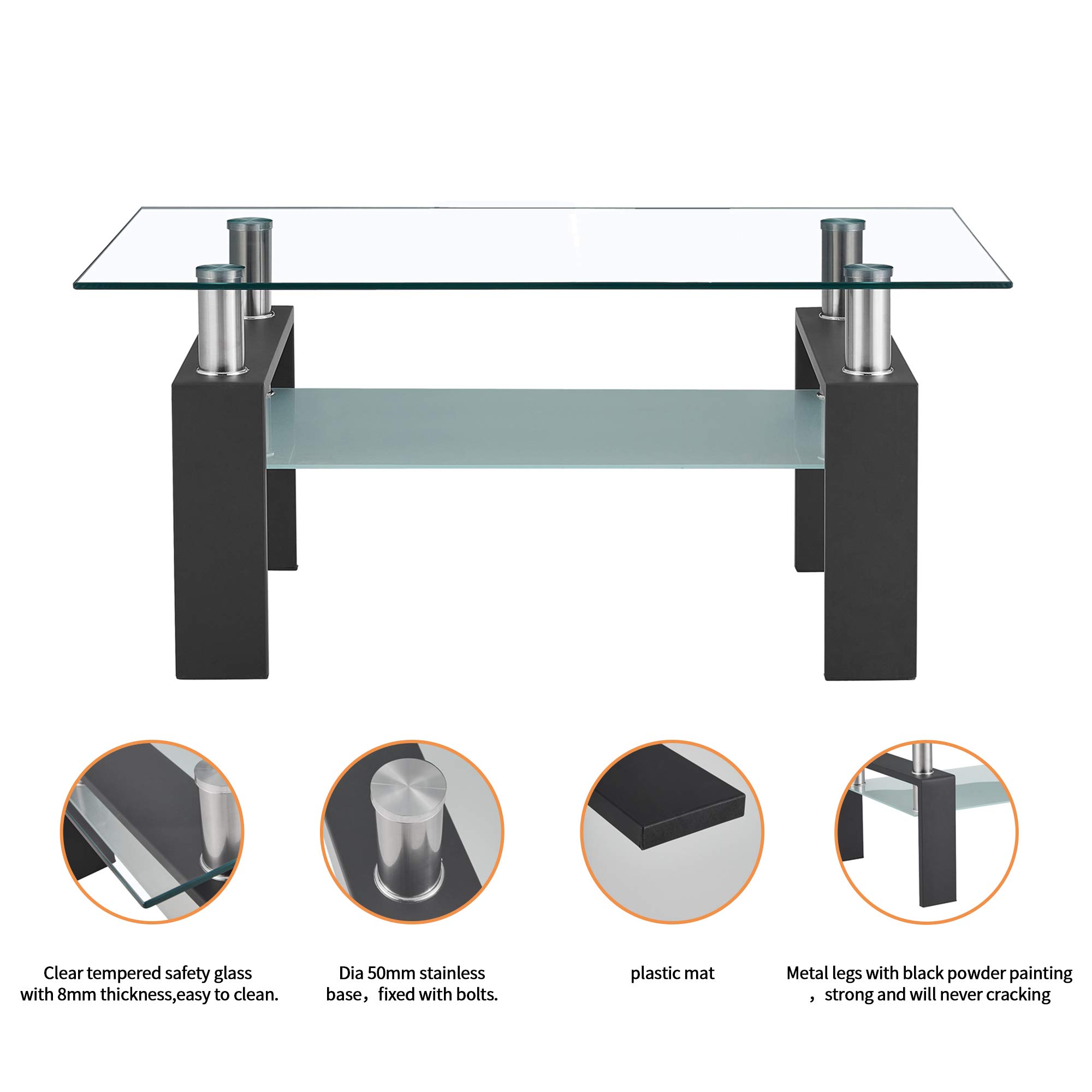 Modern Rectangle Black Glass Coffee Table - Clear Tempered Glass Center Table for Living Room, Sofa & Lounge - Stylish Side Table for Home Decor & Entertainment Areas