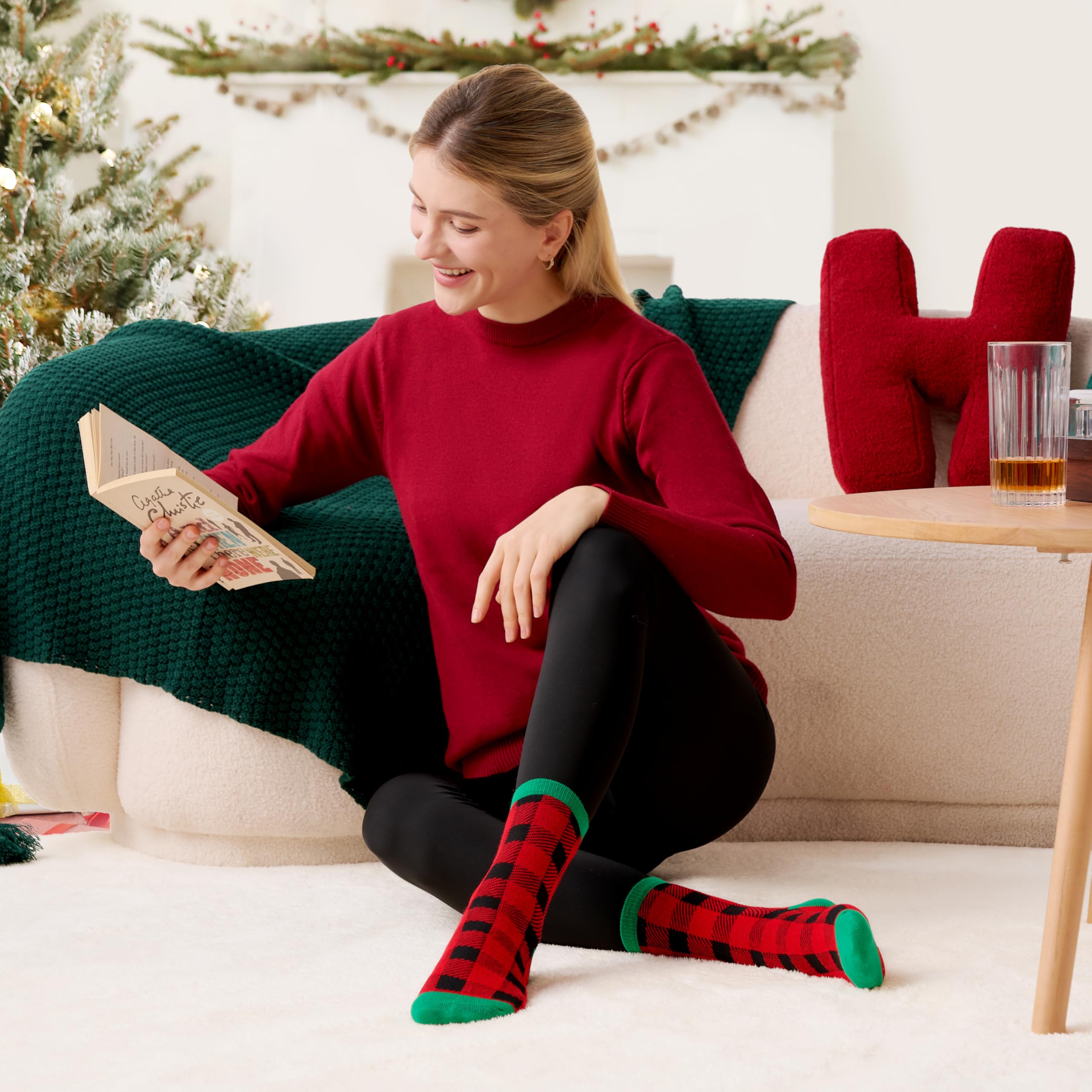 6 Pairs Women's Christmas Socks - Warm Cotton Holiday Crew Socks with HO Plaid Design | Perfect for Winter, Christmas Parties, Gift Exchanges & Cozy Home Celebrations