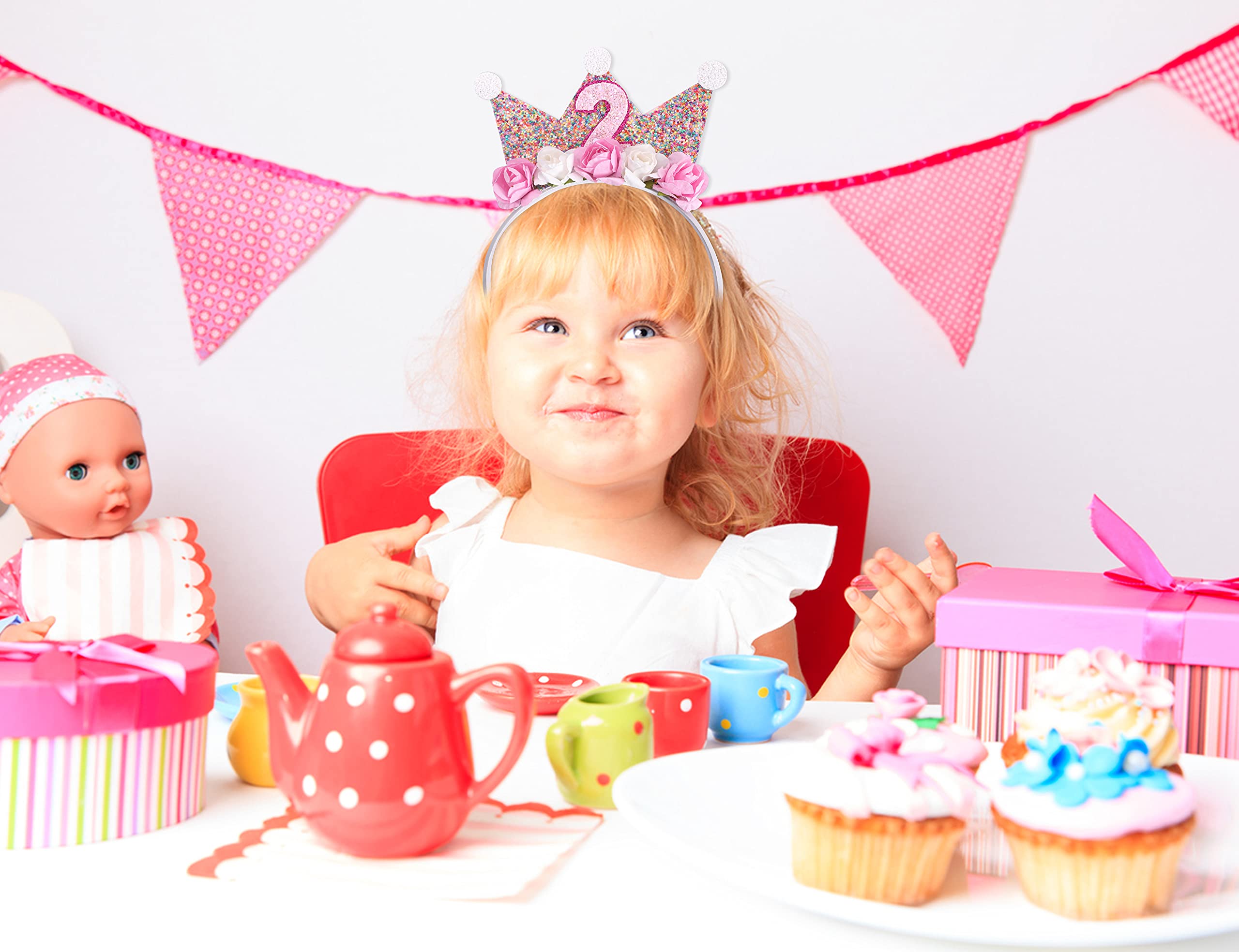 Princess Tiara & Flower Crown Headbands for Girls Birthday Party - Toddler Birthday Crowns for 2nd to 6th Birthday - Perfect for Princess Themed Parties, Photo Shoots & Dress Up Play