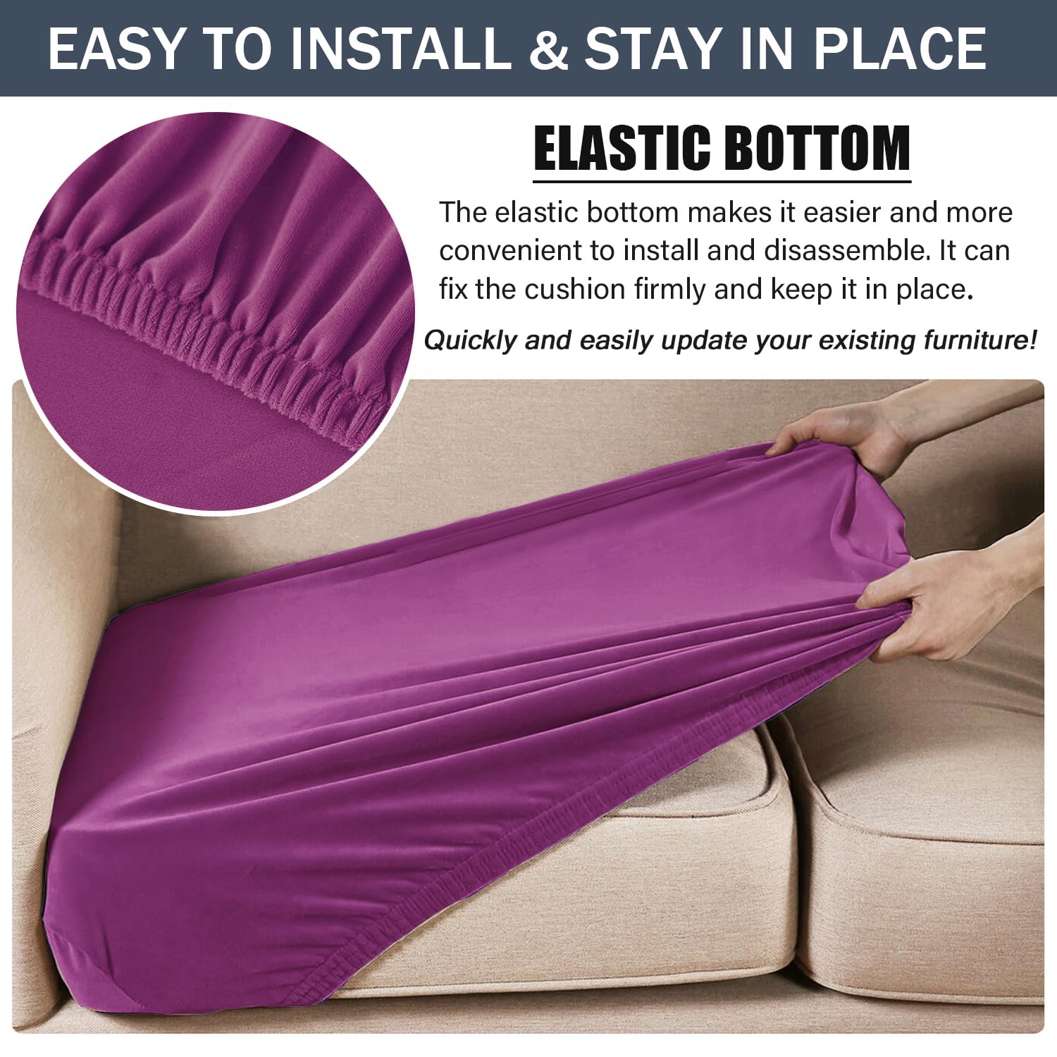 Soft Velvet Plush Stretch Cushion Cover with Elastic Bottom - Loveseat Sofa Covers, Couch Seat Protector for Furniture (Medium, Purple) - Perfect for Living Room Decor, Home Styling & Pet-Friendly Furniture Protection