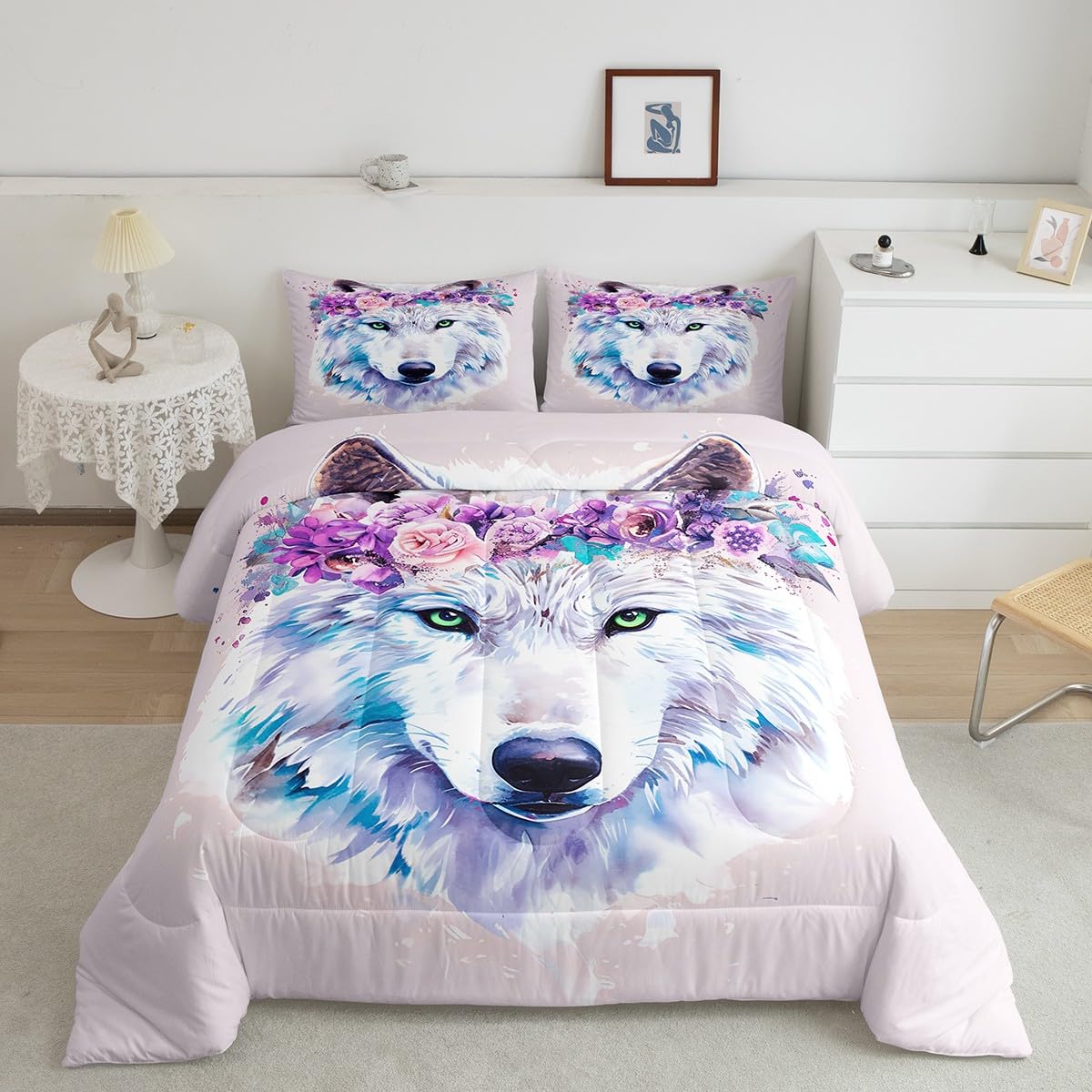 Wolf Safari Comforter Set - Queen Size Tie Dye Bedding with Pillowcases for Jungle Themed Bedroom