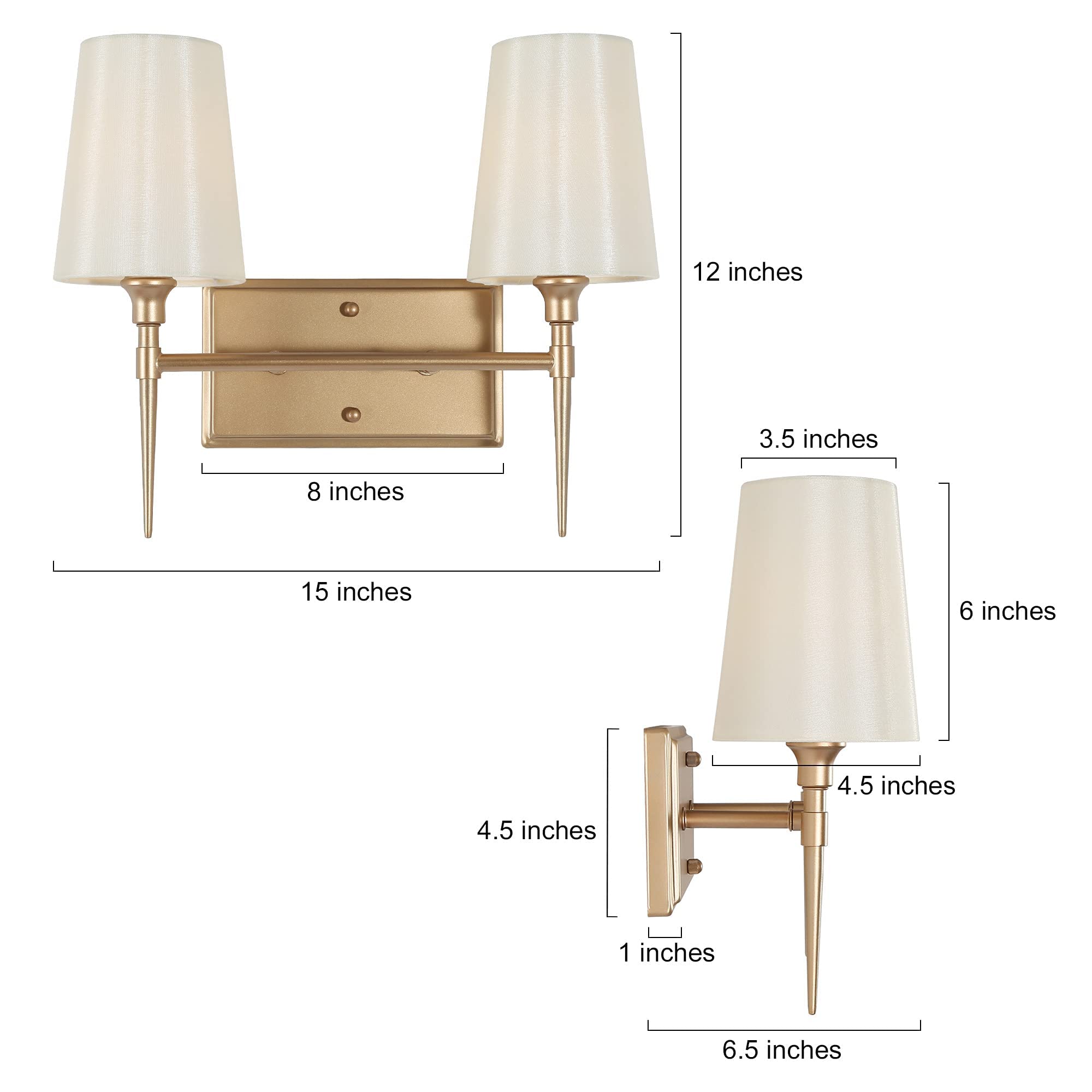 Classy Leaves 2-Light Gold Bathroom Vanity Light Fixture - Mid Century Modern Mirror Lighting with Elegant White Fabric Shade (15’’L x 6.5’’W x 12’’H) - Perfect for Bathroom, Powder Room & Dressing Area Makeup Lighting