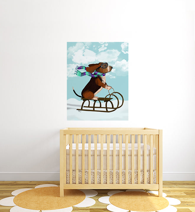 Basset Hound Sledging Wall Sticker - Adorable Dog Decal for Home & Office Decor - Perfect for Living Room, Bedroom, Nursery & Kids Room