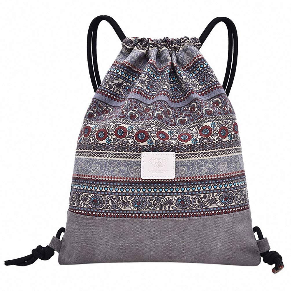 Women's 20-Inch Printed Gray Windproof Canvas Drawstring Sports Bag for Gym, Travel & Outdoor Activities | Lightweight Fitness Backpack