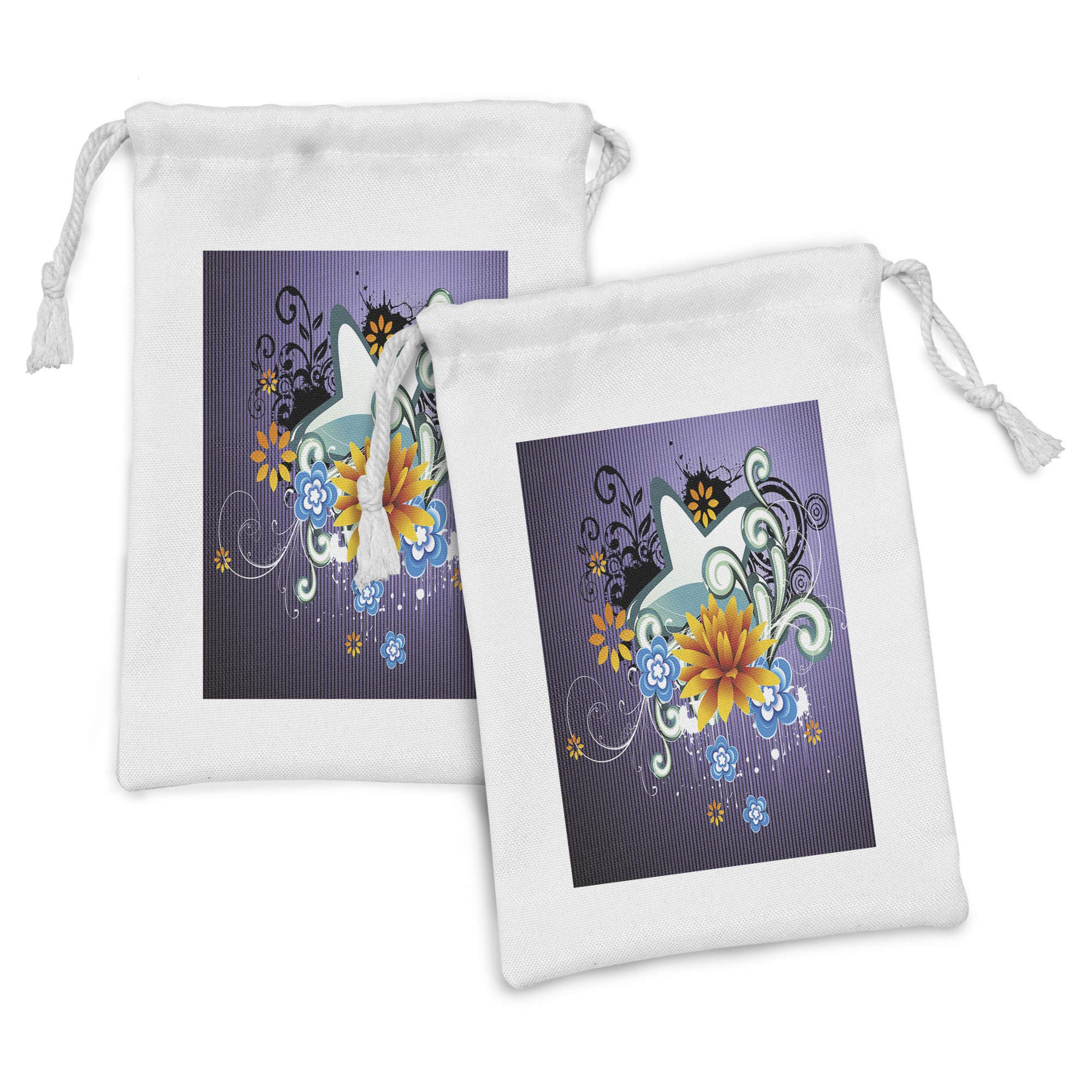 Ambesonne Modern Fabric Pouch Set of 2 - Stylish Dark Purple Drawstring Bags with Stars, Flowers & Swirls Pattern (9