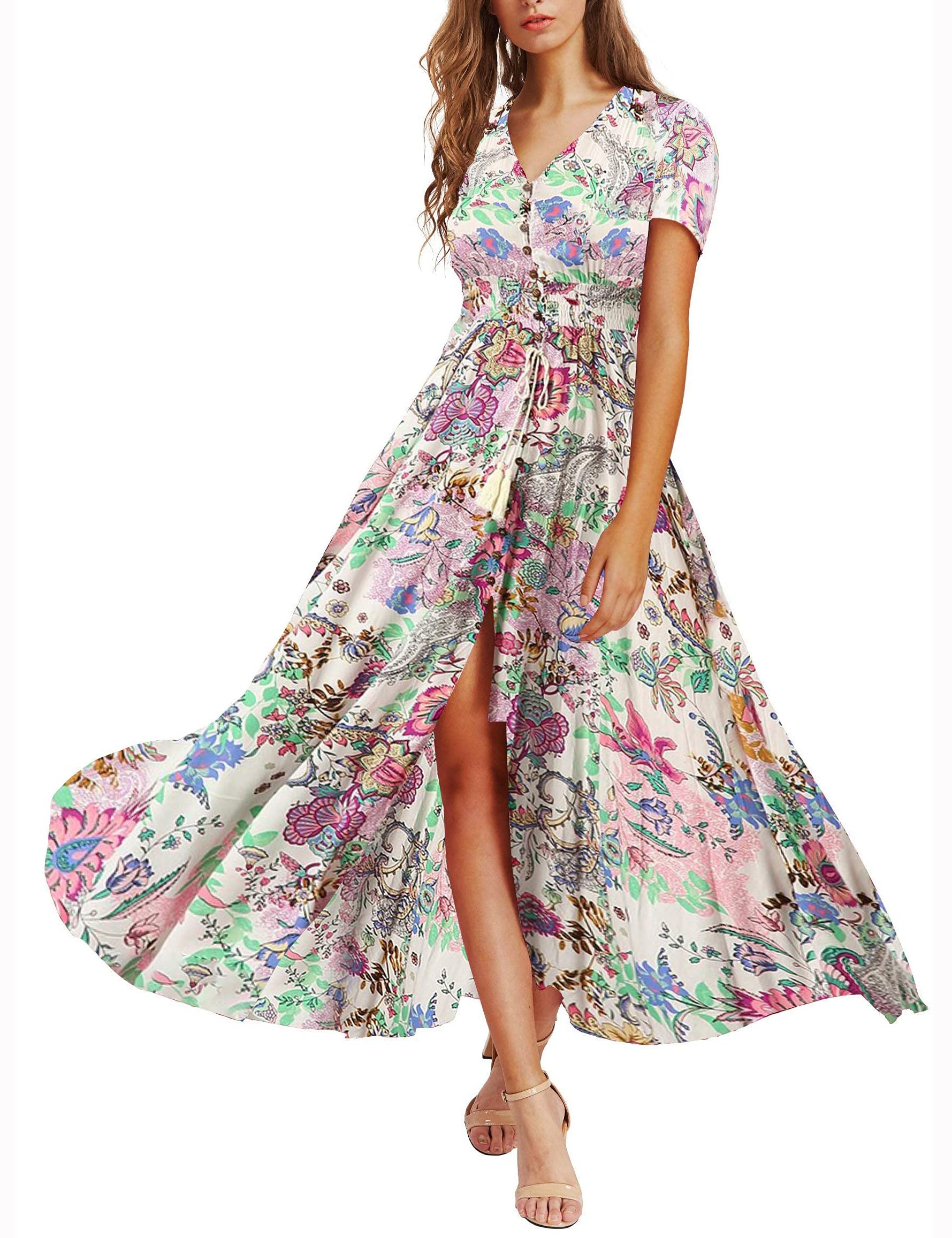 Milumia Women's Floral Print Button Up Maxi Dress with Side Slit - Elegant Party & Evening Gown for Weddings, Cocktail Events & Summer Vacations