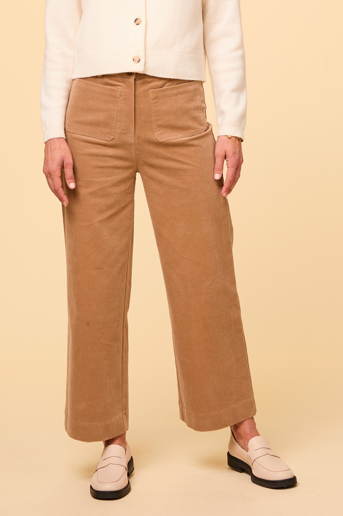Kendal Cropped Stretch Corduroy Pants for Women | High Waisted Comfort Fit | Camel Brown Casual Trousers | Perfect for Work, Date Night & Fall Outfits