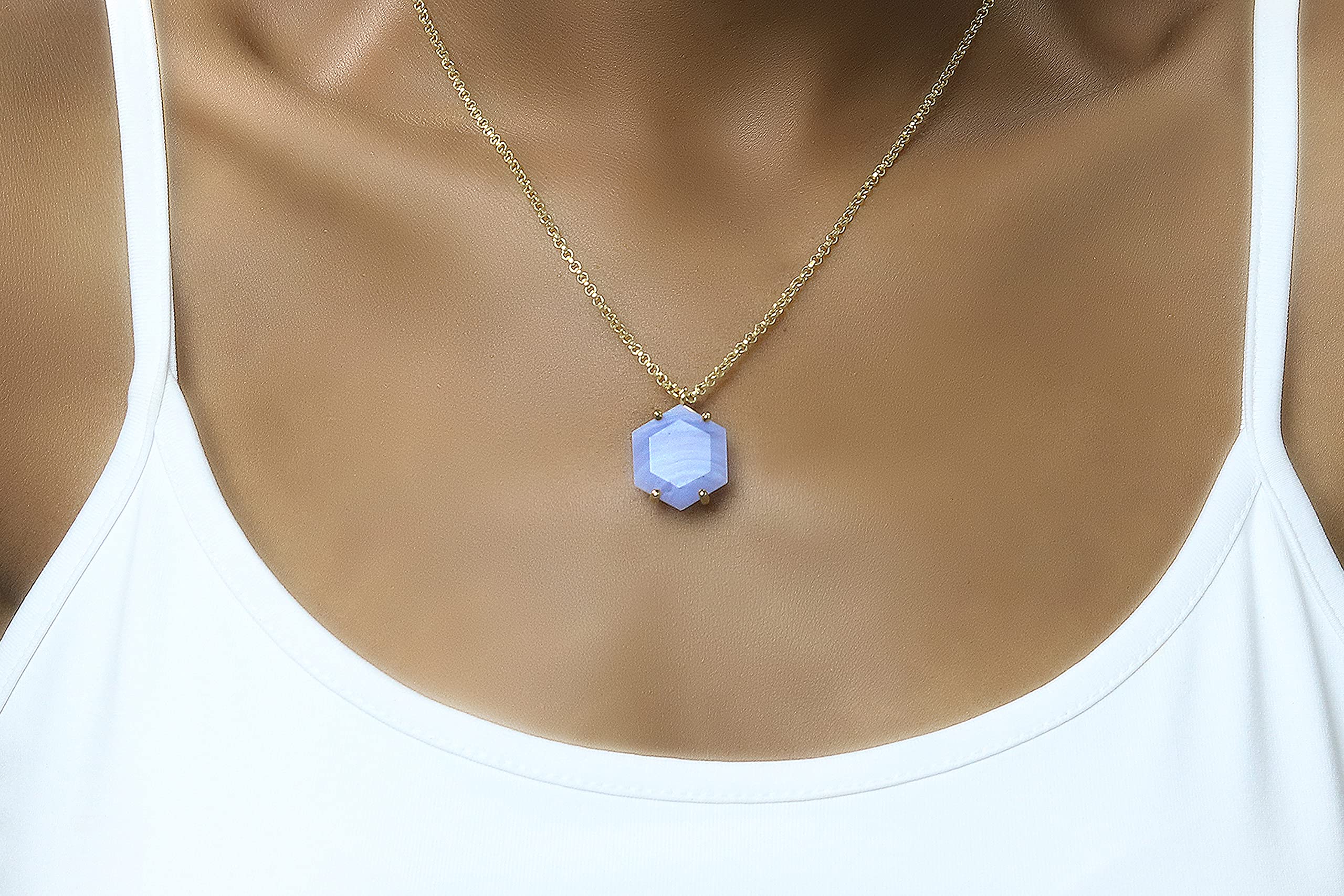 Blue Lace Agate Necklace - 14K Gold Vermeil Statement Necklace for Women - Handmade Gemstone Jewelry - Perfect for Bridal, Fashion & Gifts | Elegant Everyday Wear & Special Occasions