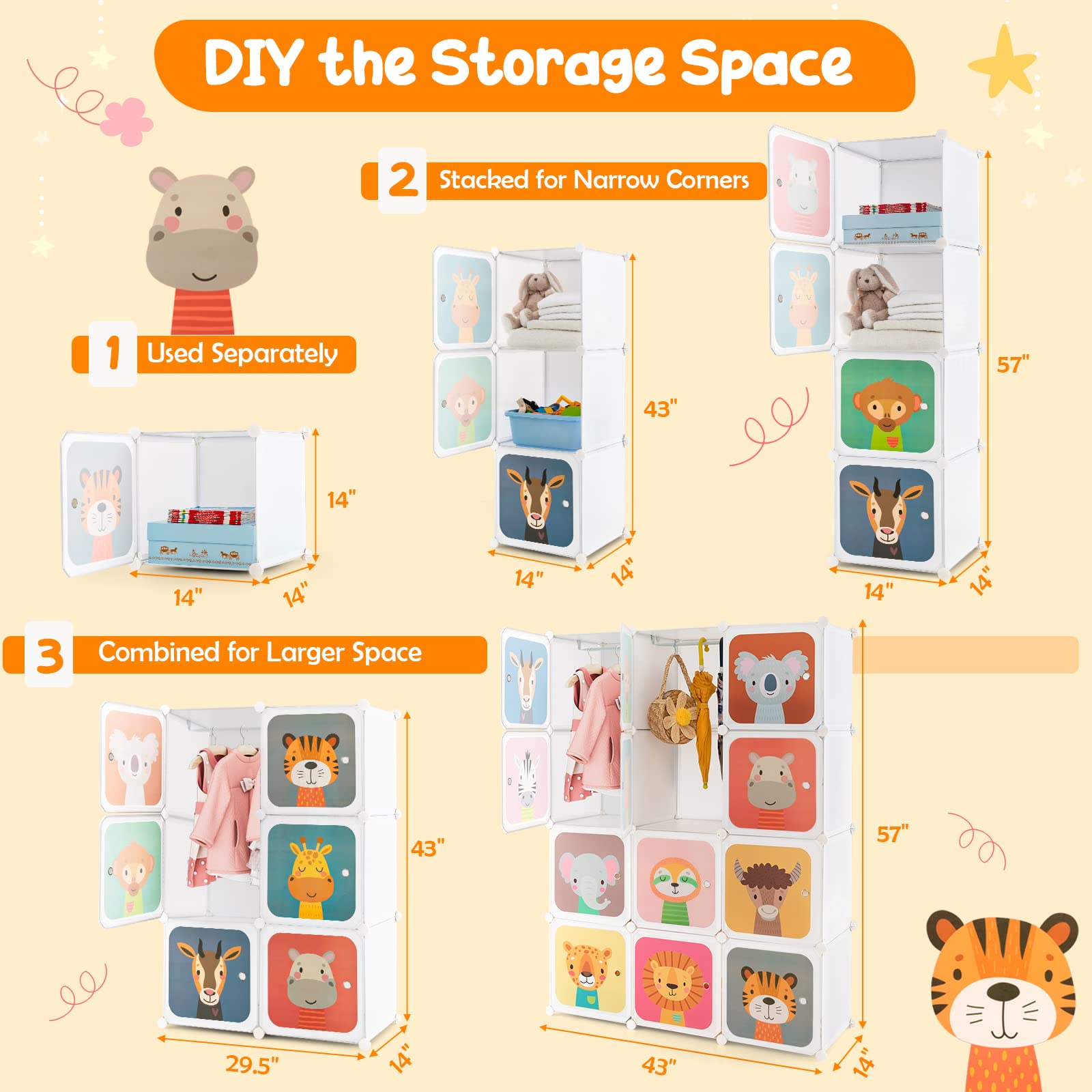 **HONEY JOY Kids Wardrobe Closet - 12-Cube & 2-Hanging Section Baby Clothes Organizer, Portable DIY Modular Dresser Cabinet for Boys & Girls (White) - Perfect for Nursery, Bedroom & Playroom Storage**
