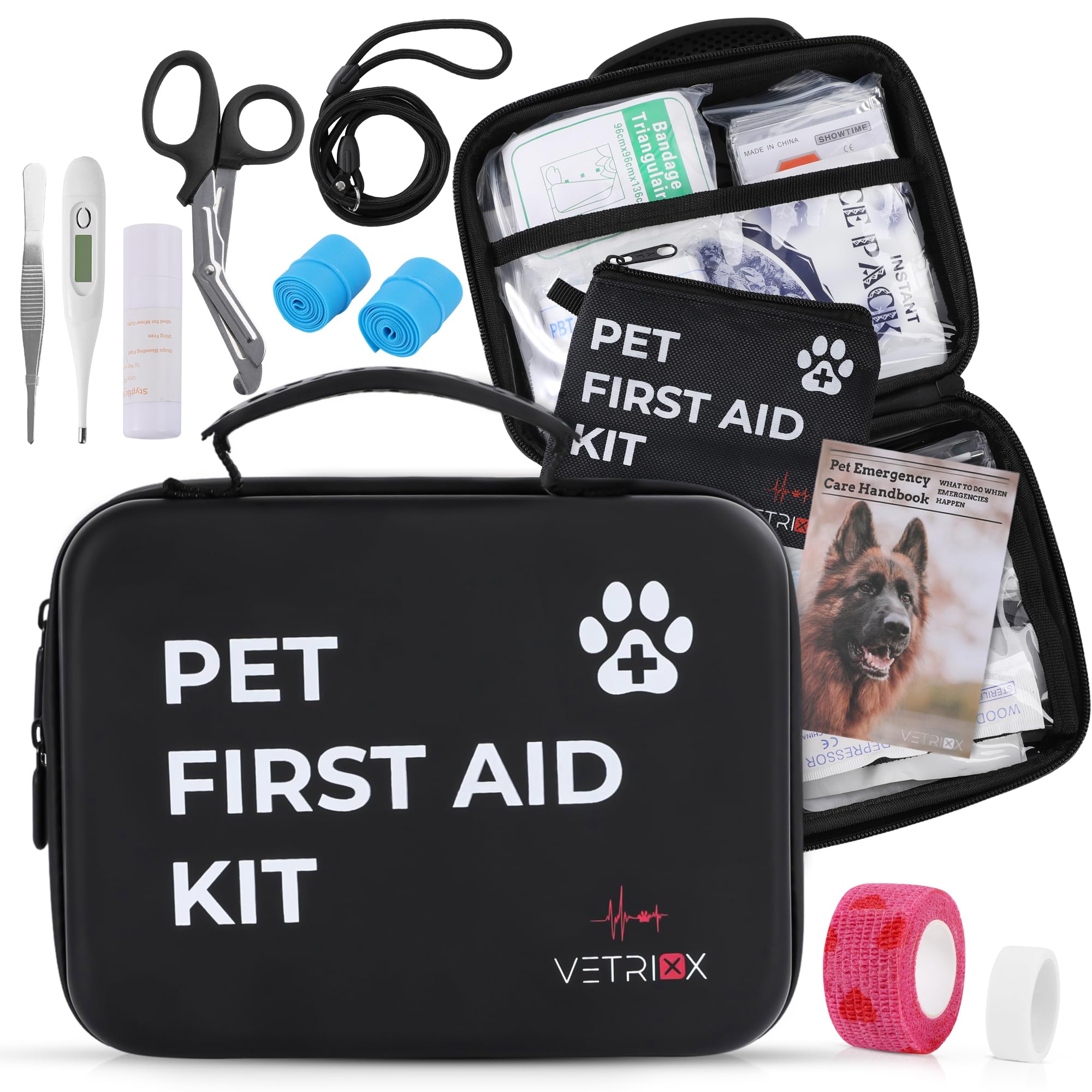 **85-Piece Dog & Cat First Aid Kit with Styptic Clotting Stick & Travel Pouch – Emergency Pet Medical Kit for Home, Travel, Hiking & Outdoor Adventures (Hard Case)**
