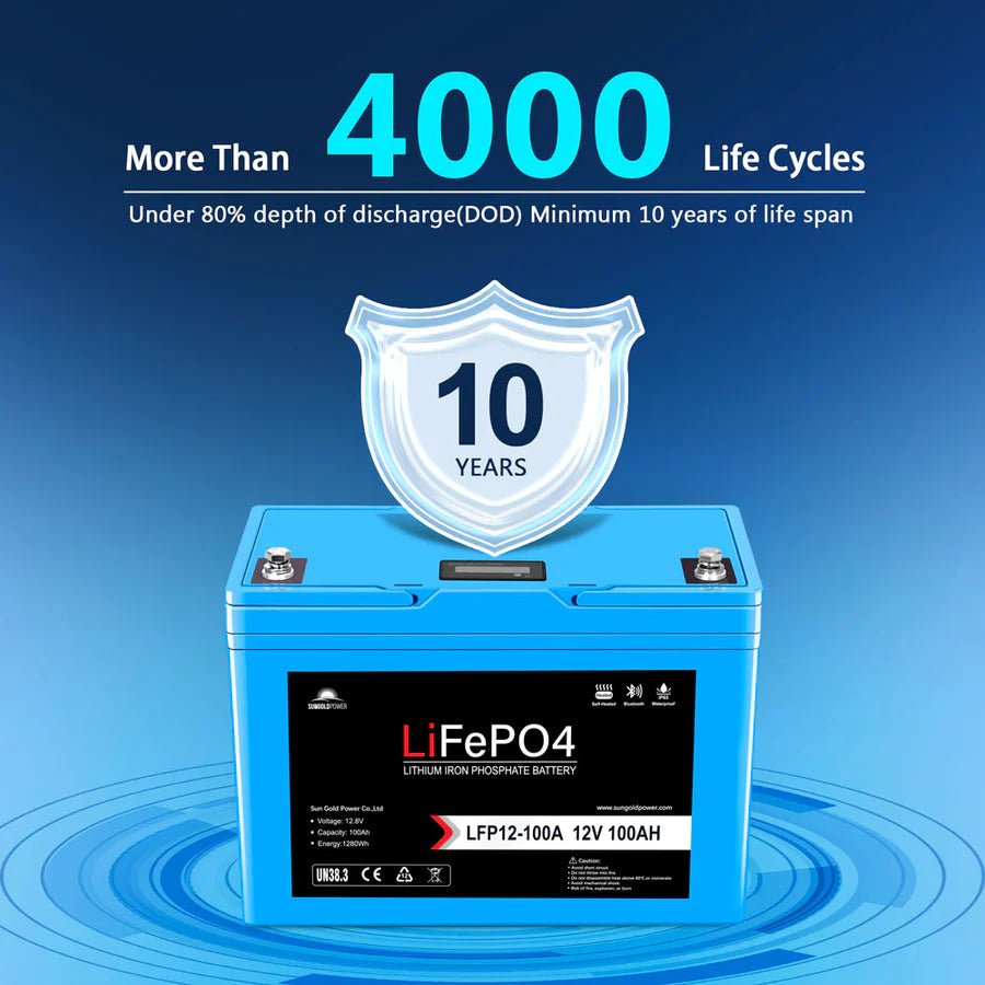 SunGoldPower 12V 100Ah LiFePo4 Deep Cycle Lithium Battery with Bluetooth, Self Heating & IP65 - Perfect for RVs, Solar Systems, Marine & Off-Grid Power Storage
