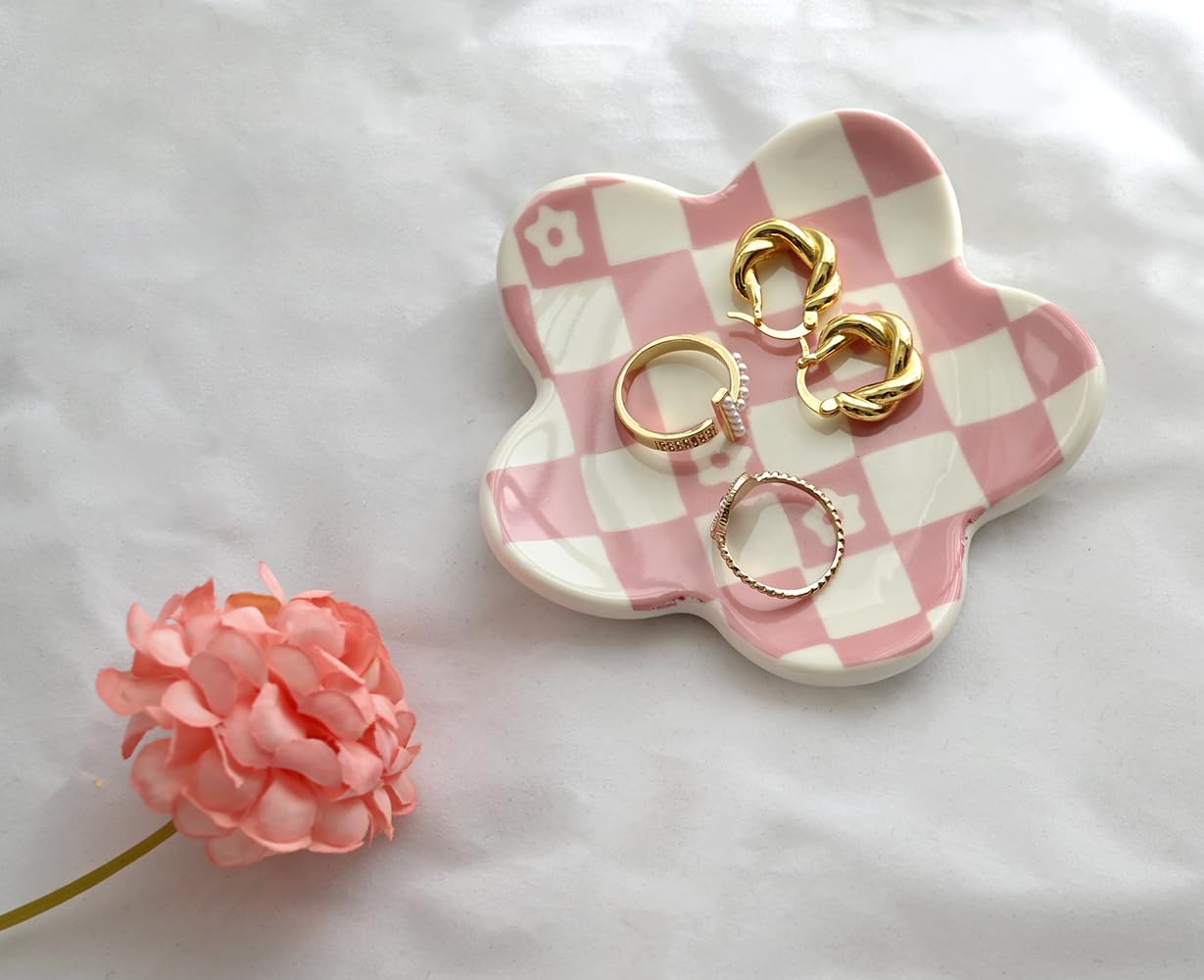 Trendy Pink Aesthetic Room Decor for Teen Girls - Checkered Jewelry Tray, Bedroom Decor Gift Set for Birthday & Dorm Room Organization | Perfect for Vanity, Dresser & Nightstand Display