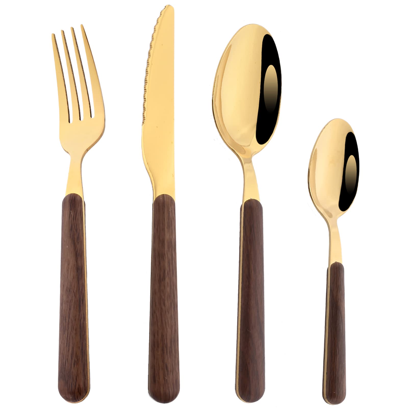 24-Piece Wooden Handle Flatware Set for 6 - Stainless Steel Silverware with Mirror Finish (Dinner Knife, Fork, Spoon, Teaspoon) - Dishwasher Safe & Rustproof - Elegant Gold Cutlery Set for Dining, Wedding, Party & Home Kitchen Use