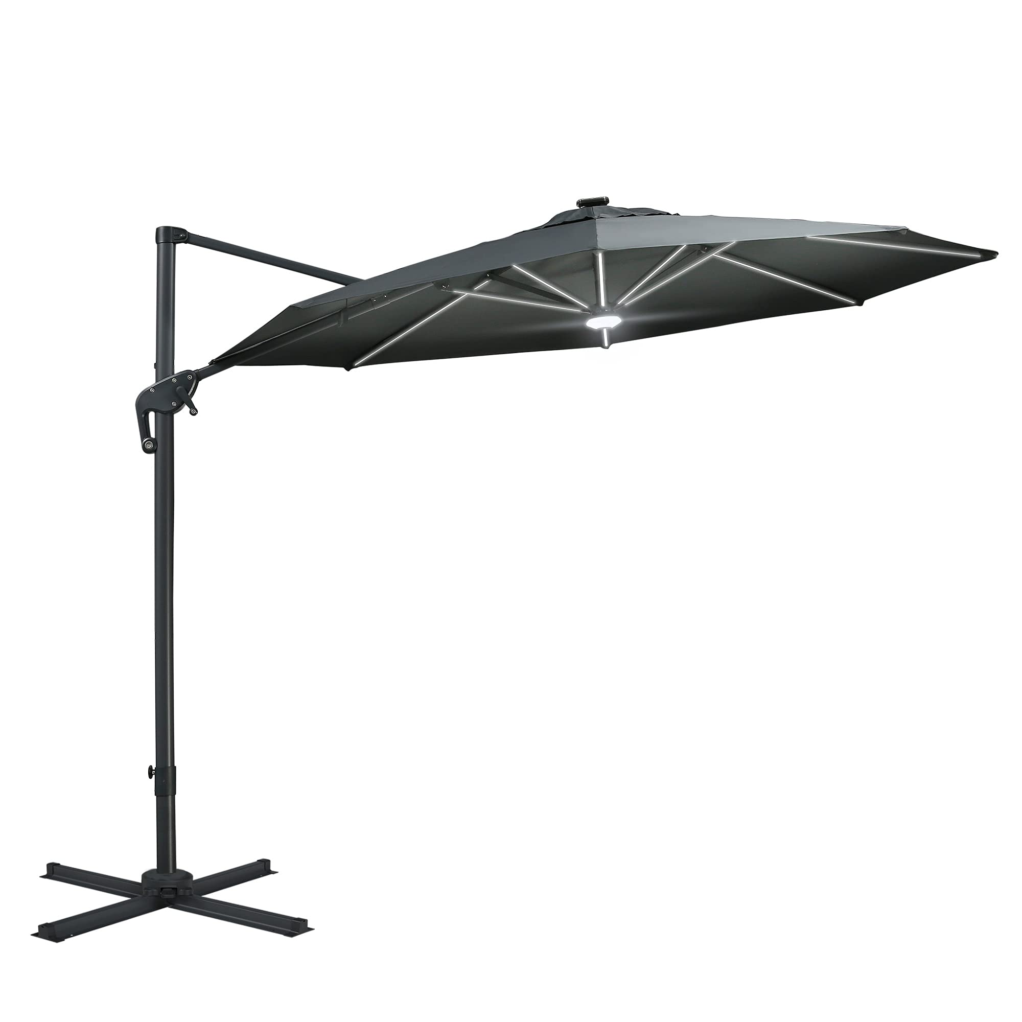 Outsunny 10ft Solar LED Cantilever Patio Umbrella - Aluminum Hanging Offset Sun Shade with 360° Rotation, Built-in Lights, Adjustable Tilt & Crank Handle, Heavy-Duty Cross Base - Dark Gray for Outdoor Dining, Poolside Lounging & Backyard Relaxation