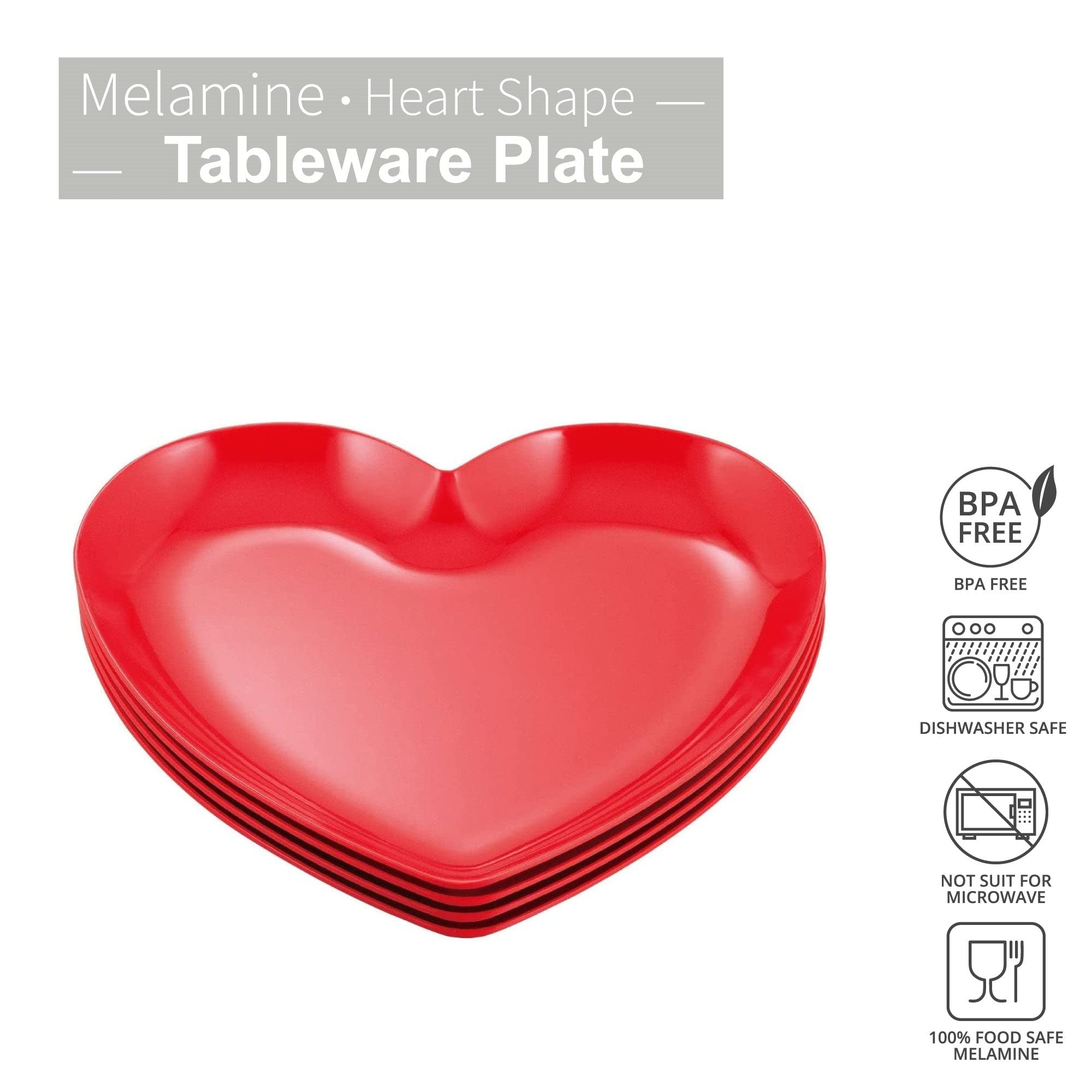 UPware 4-Piece 8.5 Inch Melamine Small Serving Plates - Heart-Shaped Salad & Dessert Plates for Dinner Parties, Picnics, and Romantic Date Nights (Durable & Lightweight)