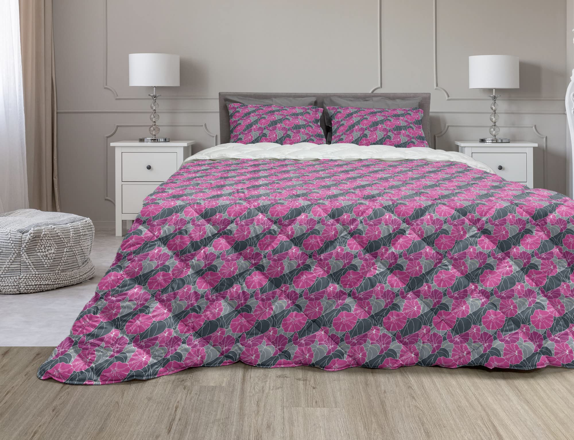 Ambesonne Floral Comforter Set with Sham - 3 Piece Full Size Duvet Cover Set in Grey Teal Magenta | Microfiber Filling, Morning Glory Petals Design | Perfect for Spring Bedroom Decor, Guest Room & Cozy Home Makeover