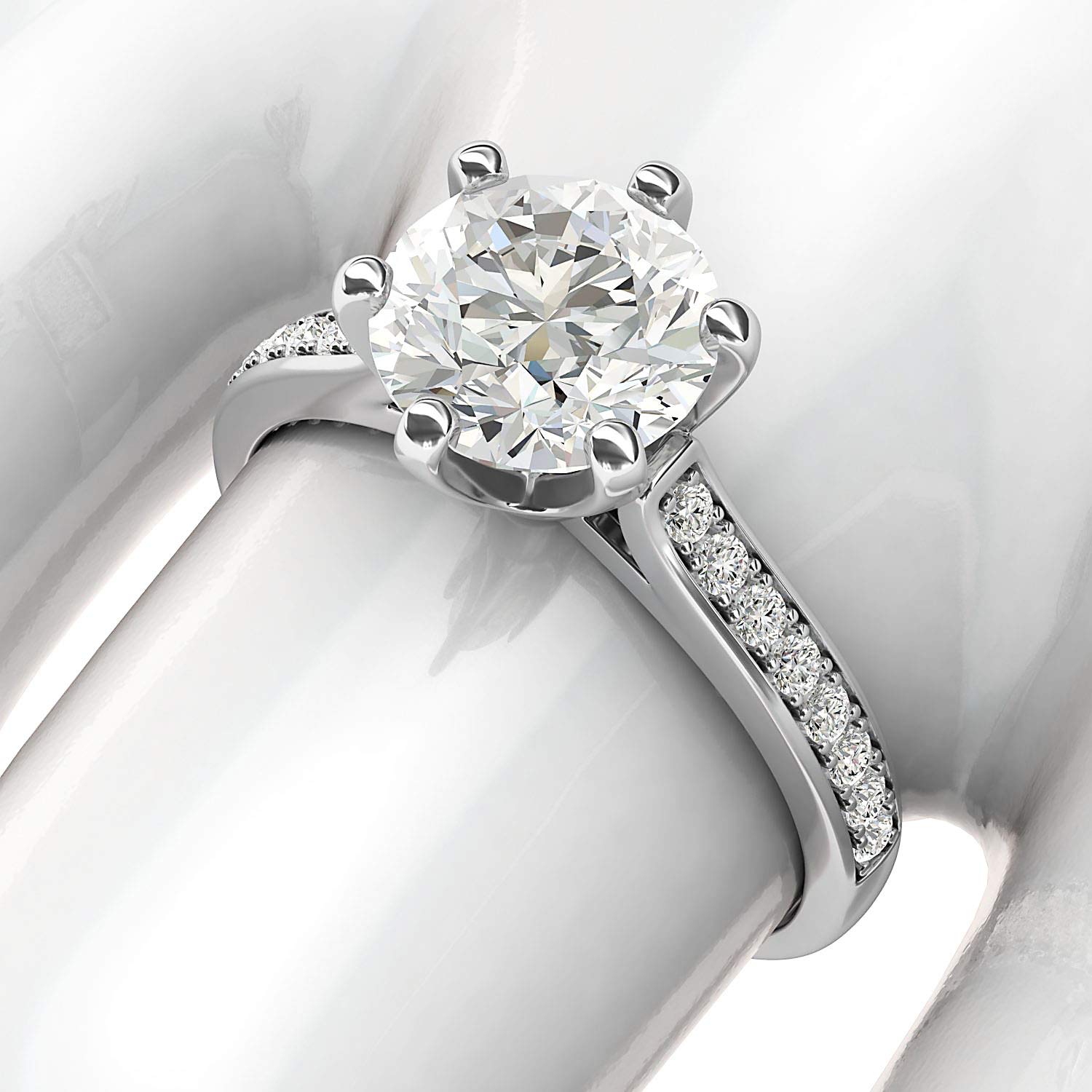 14K White Gold 2 Carat Classic 6-Prong Simulated Diamond or Moissanite Engagement Ring with Side Stones - Elegant Promise Bridal Ring for Proposals, Weddings & Anniversaries