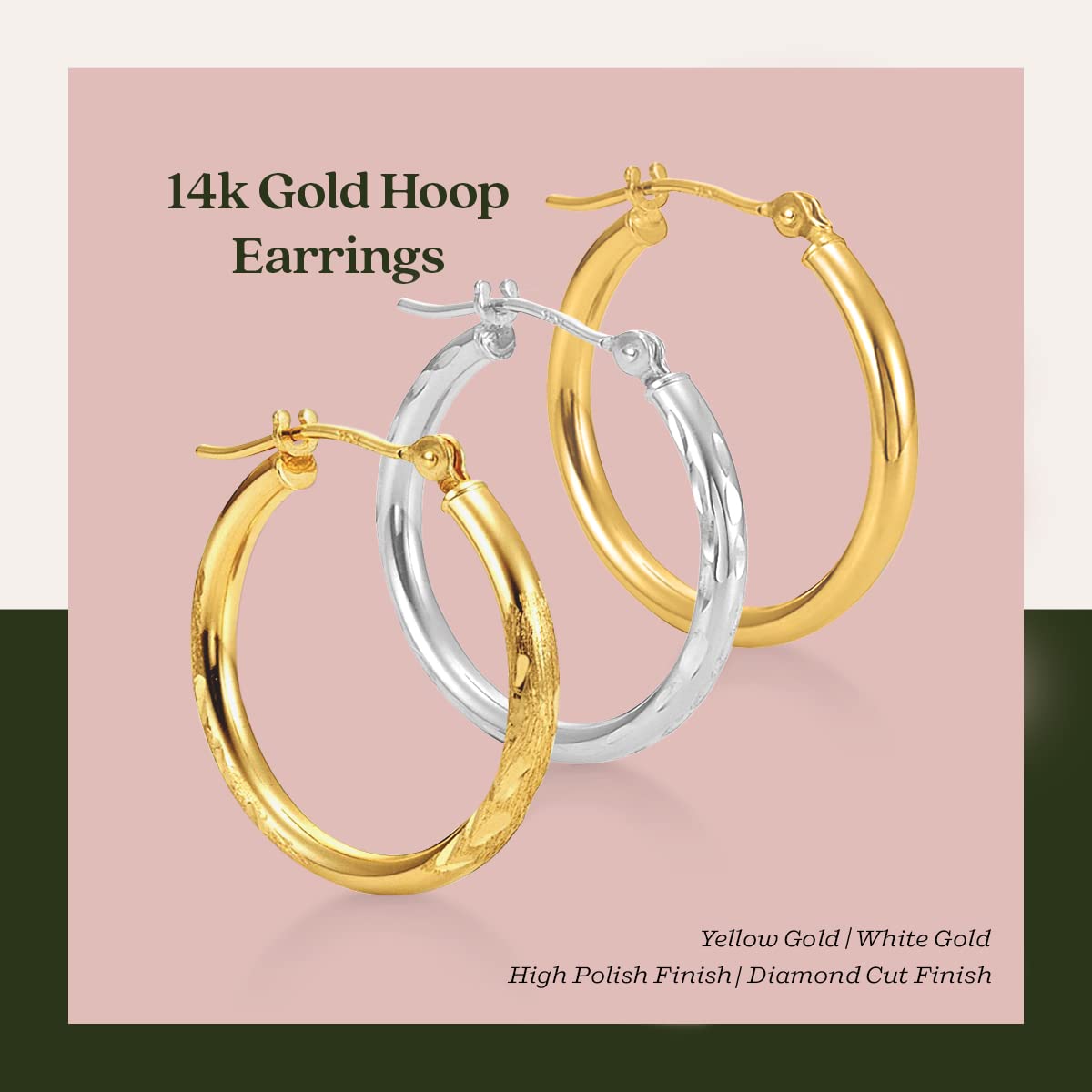 14k Gold Full Diamond-Cut Round Hoop Earrings for Women - 2mm Width in Yellow & White Gold | Multiple Sizes | Elegant Everyday Wear & Special Occasions