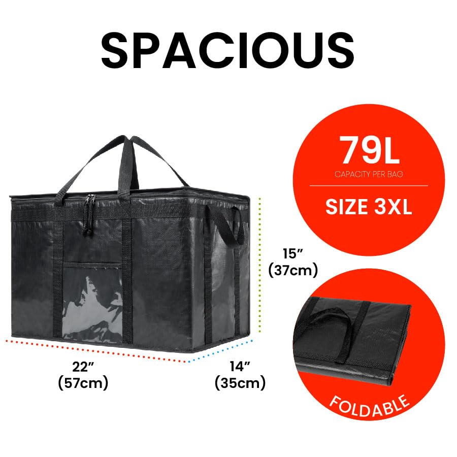 NZ Home Durable PRO Insulated Cooler Bag & Food Warmer (3XL, 2 Pack) - Heavy Duty Commercial Grade with Zippered Top - Perfect for Food Delivery, Grocery Shopping, Picnics & Outdoor Activities - Black