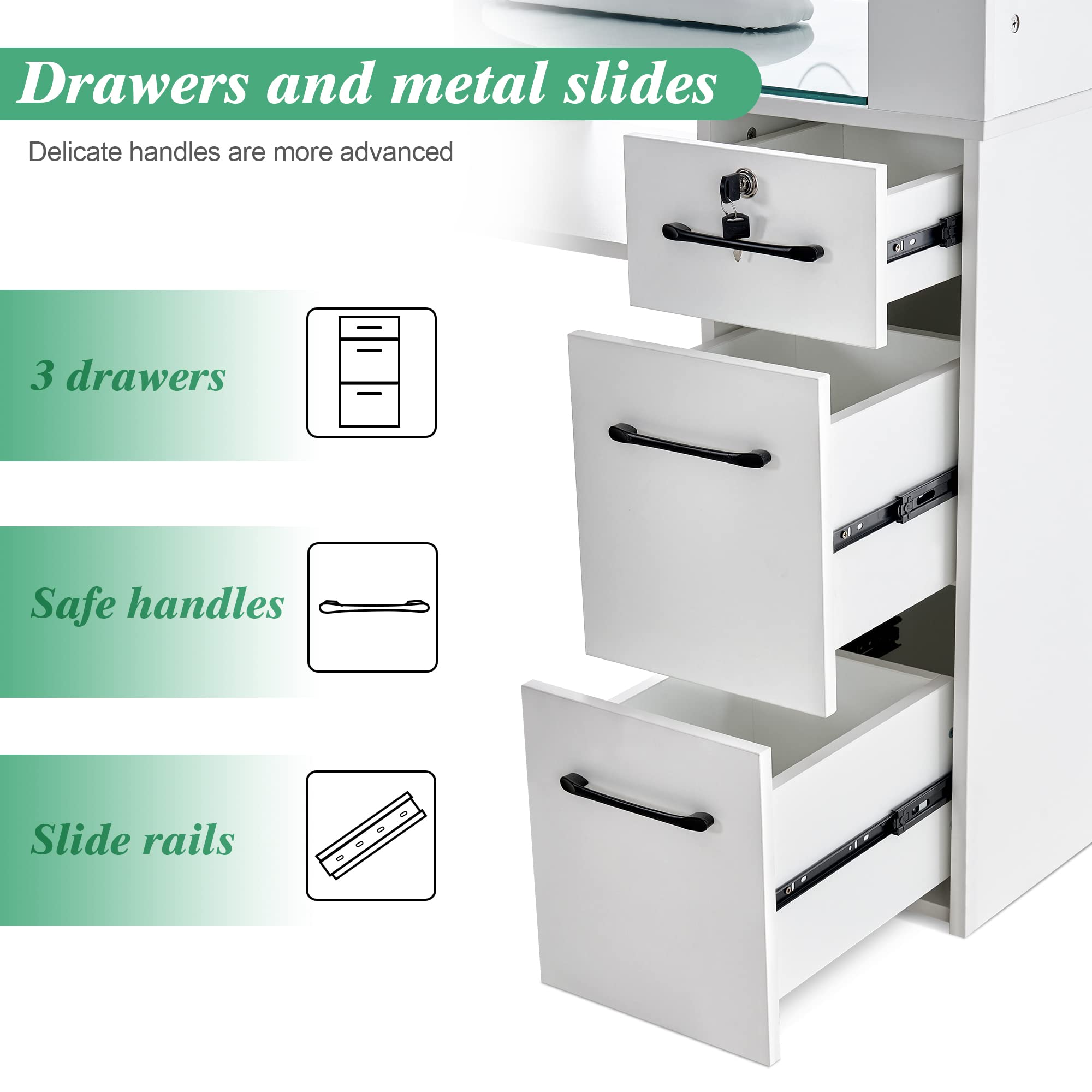 Professional Barber & Manicure Table with 3 Drawers & Storage Shelves - 45x60x19 Inch White Nail Salon Station for Spa, Beauty Parlor & Home Use - Perfect for Manicures, Pedicures & Barber Services