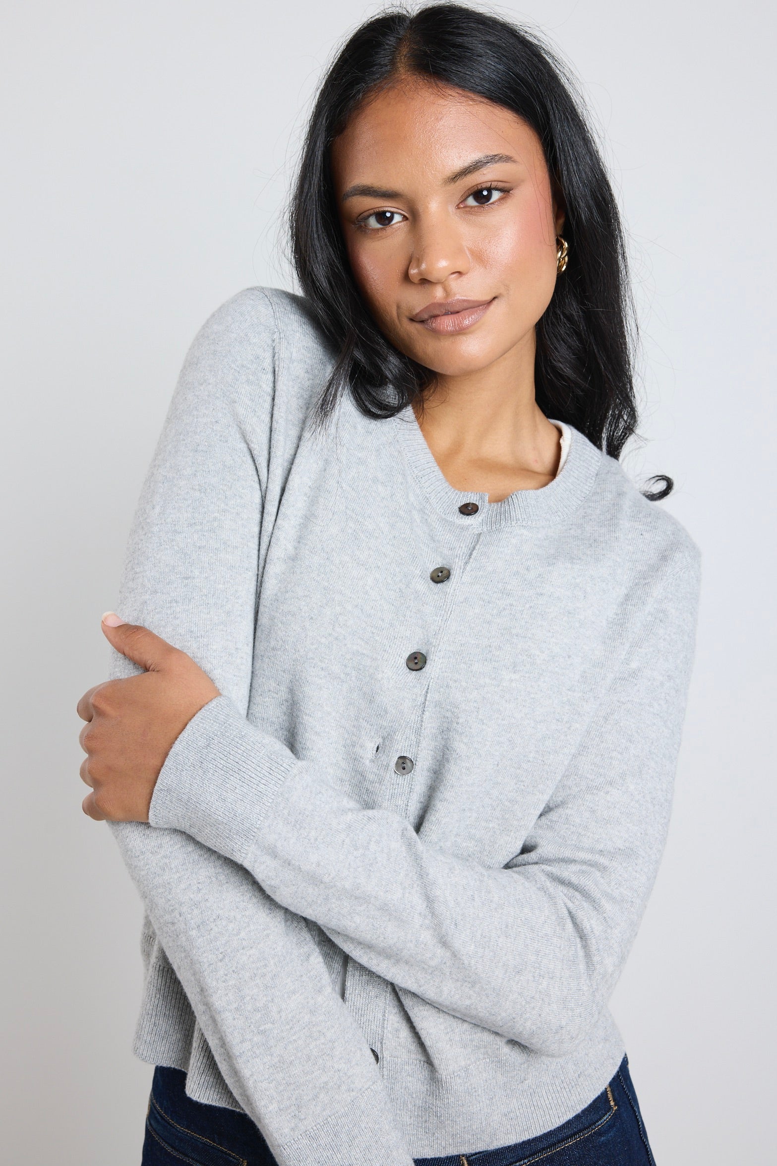 Light Grey Marle Cashmere Blend Crewneck Cardigan - Soft & Warm Signature Knitwear for Women | Perfect for Office, Date Night & Cozy Evenings