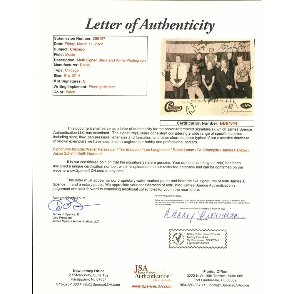 Chicago Band Autographed 8x10 Photo - JSA Certified Framed Collectible with Lamm, Parazaider, Pankow +5 Signatures - Perfect for Music Memorabilia Displays & Fan Gifts