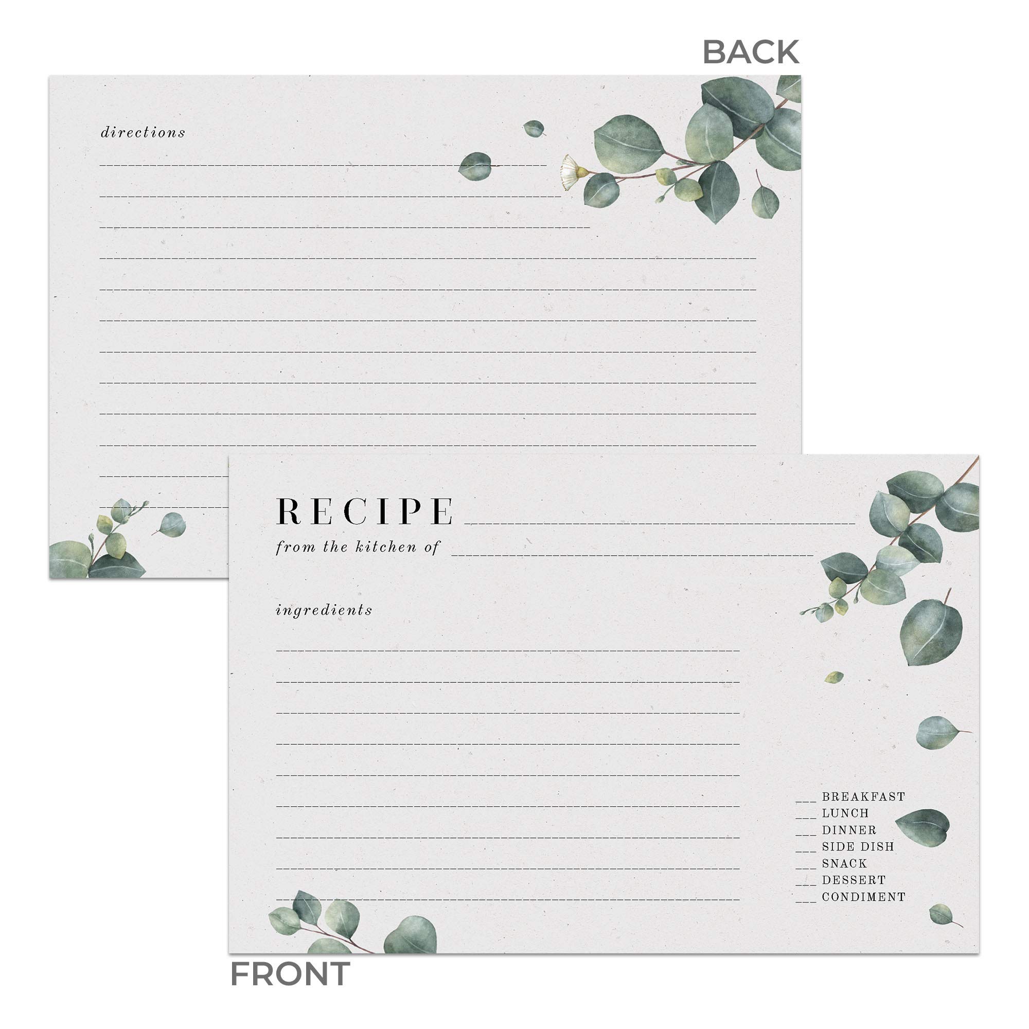 Dashleigh Eucalyptus Recipe Cards Set - 48 Double-Sided Water-Resistant 4x6 Inch Cards in Vintage Sage Green & Grey | Perfect for Kitchen Organization, Meal Planning & Gift Giving