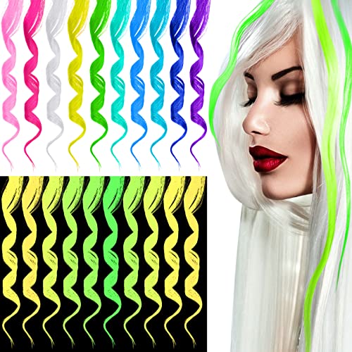 20 Pcs Glow in the Dark Hair Extensions Clip - Luminous Synthetic Hairpieces for Women & Kids - Neon Rainbow Hair Clips for DIY, Parties & Cosplay - 10 Color Curly Hair Accessories (Great for Halloween, Raves & Night Events)
