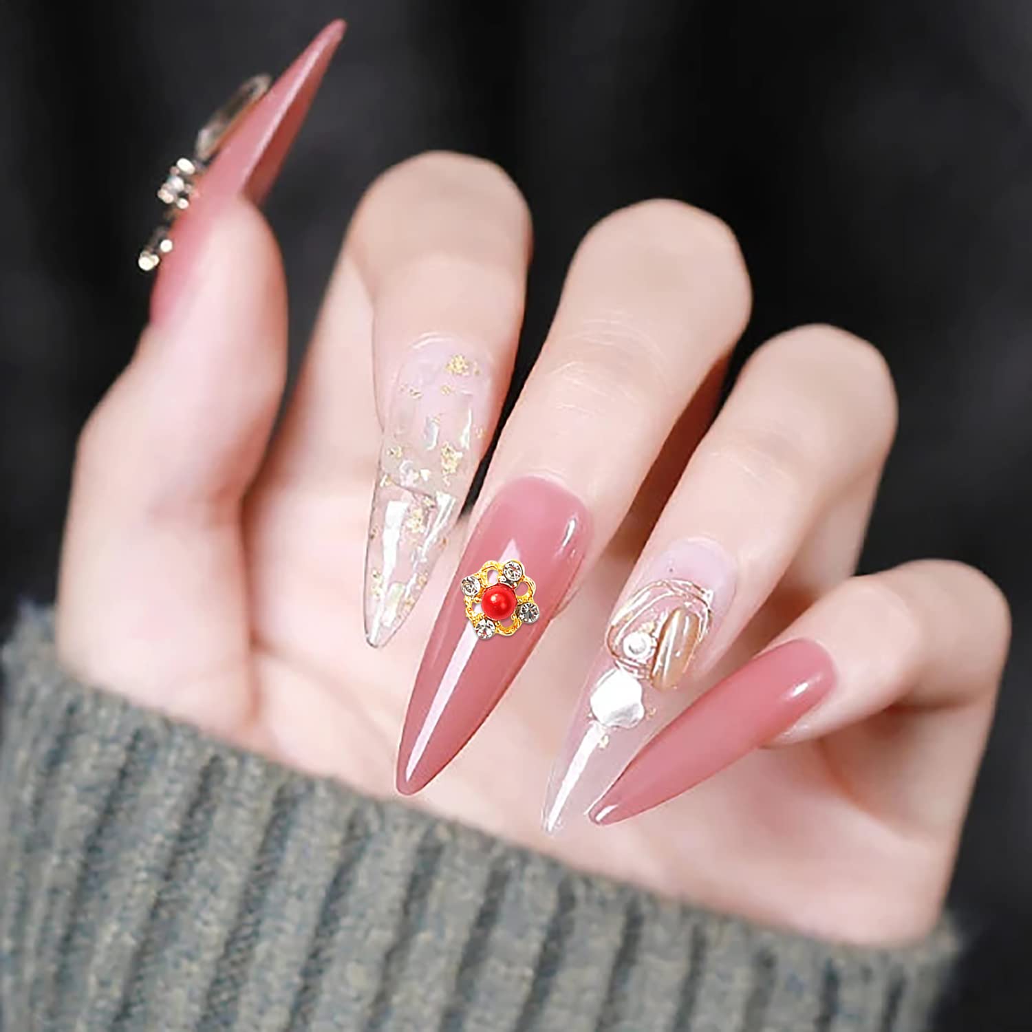 30pcs 3D Gold Alloy Nail Charms with Red Rhinestones - Crystal Nail Gems for Acrylic Nails, DIY Nail Art Decorations - Perfect for Bridal, Party, and Salon Nail Designs