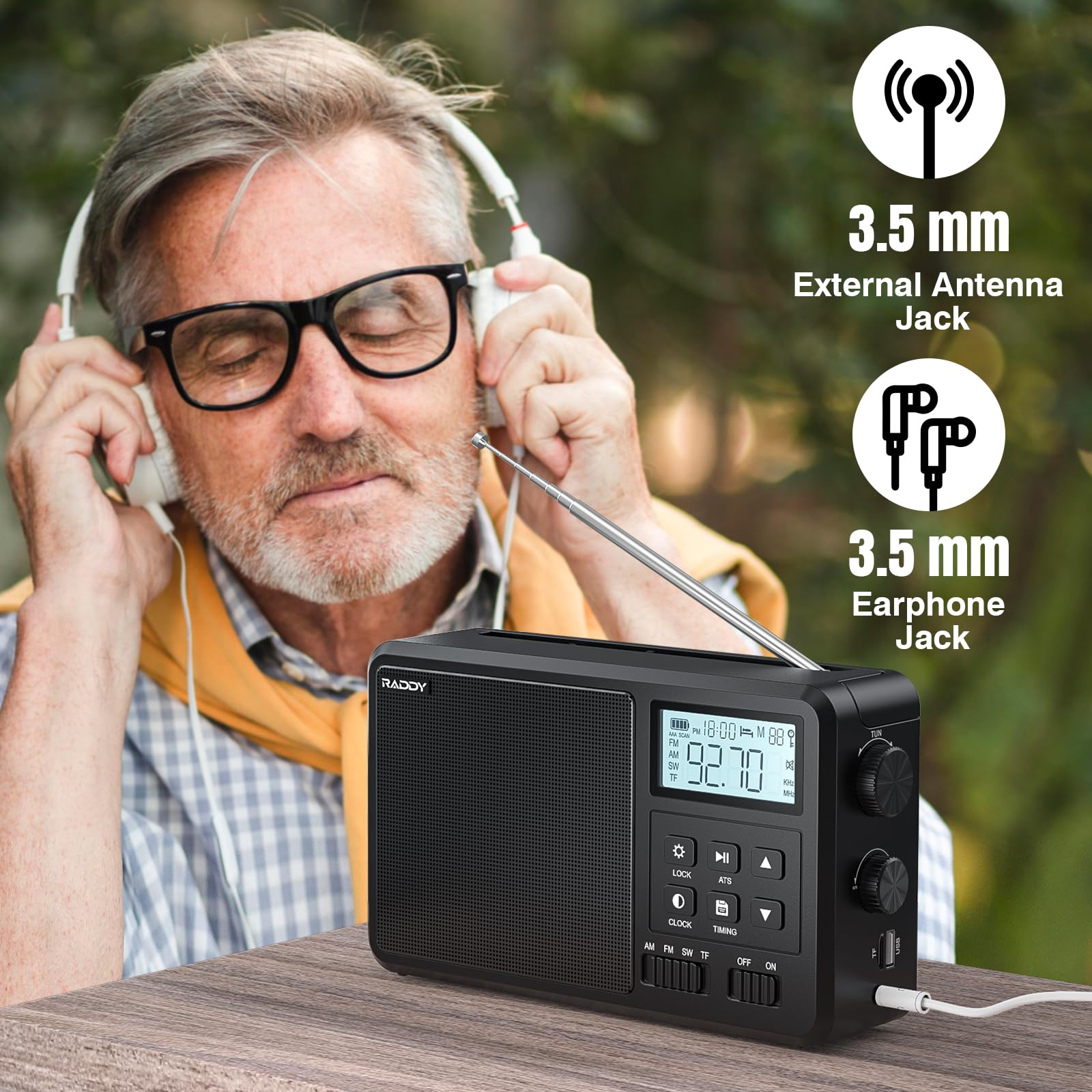 Raddy RF206 Portable Digital AM FM Shortwave Radio with 8W Speaker, LCD Display, Bluetooth, TF Card & USB Playback - Battery/AC Powered for Home, Outdoor, Emergency & Gift Giving