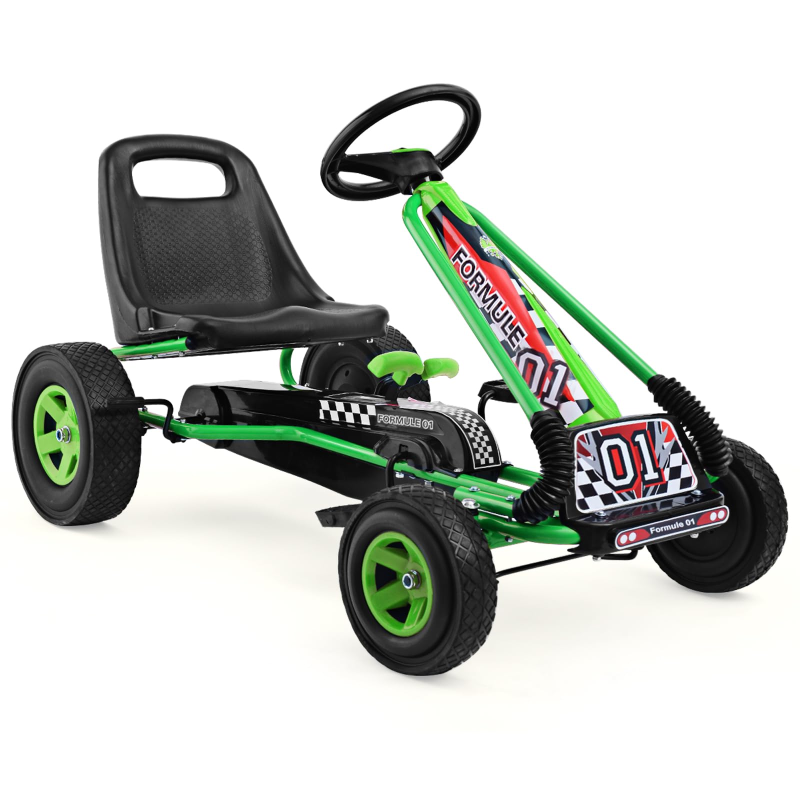 **HONEY JOY Kids Go Kart - Adjustable Seat, Safety Brakes & EVA Tires - Green Pedal-Powered Ride-On Car for Outdoor Play and Backyard Fun**