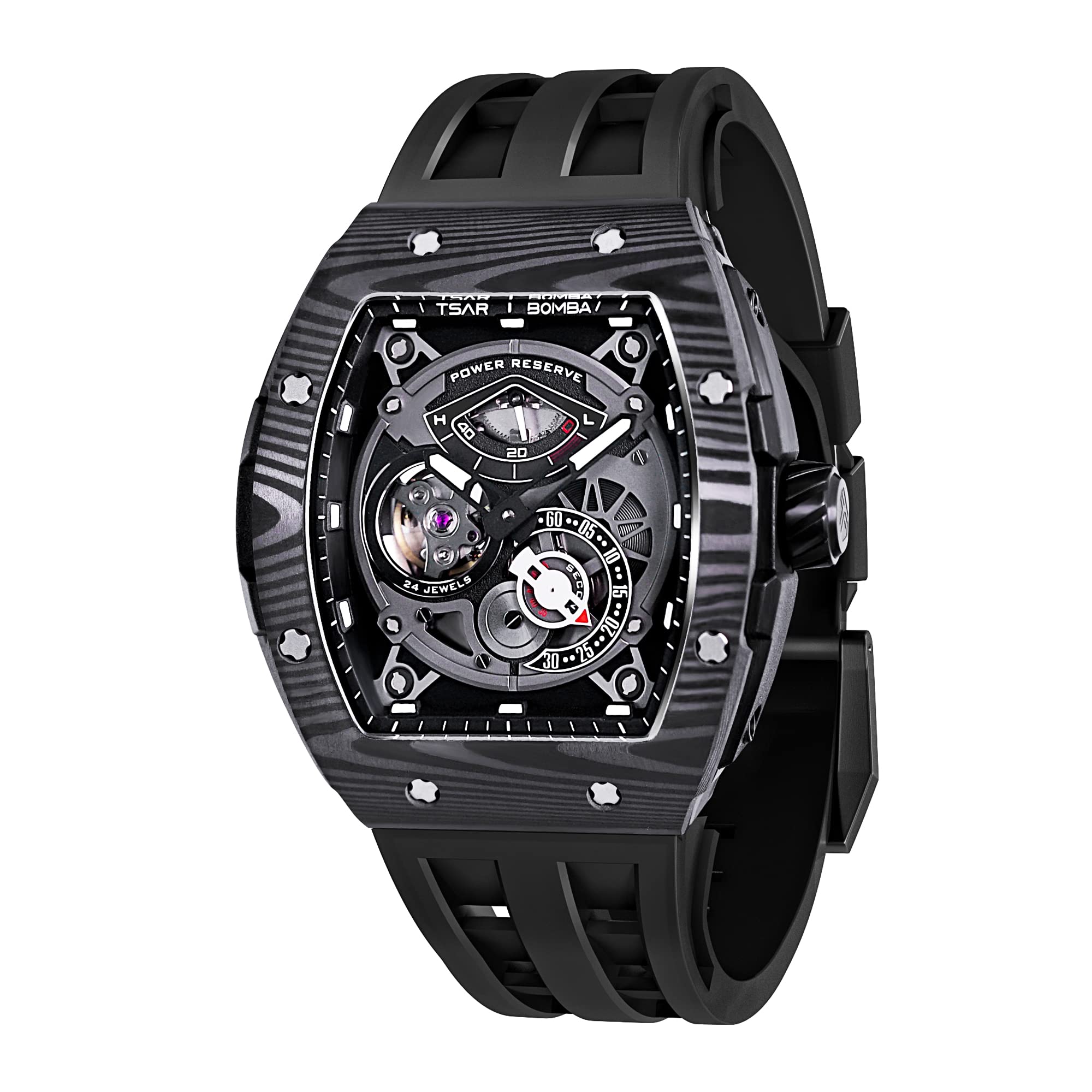 TSAR BOMBA Men's Automatic Skeleton Mechanical Watch - Big Face Tonneau Design with Luminous Sapphire Crystal & FKM Rubber Strap - Perfect Gift for Business, Casual Wear & Special Occasions