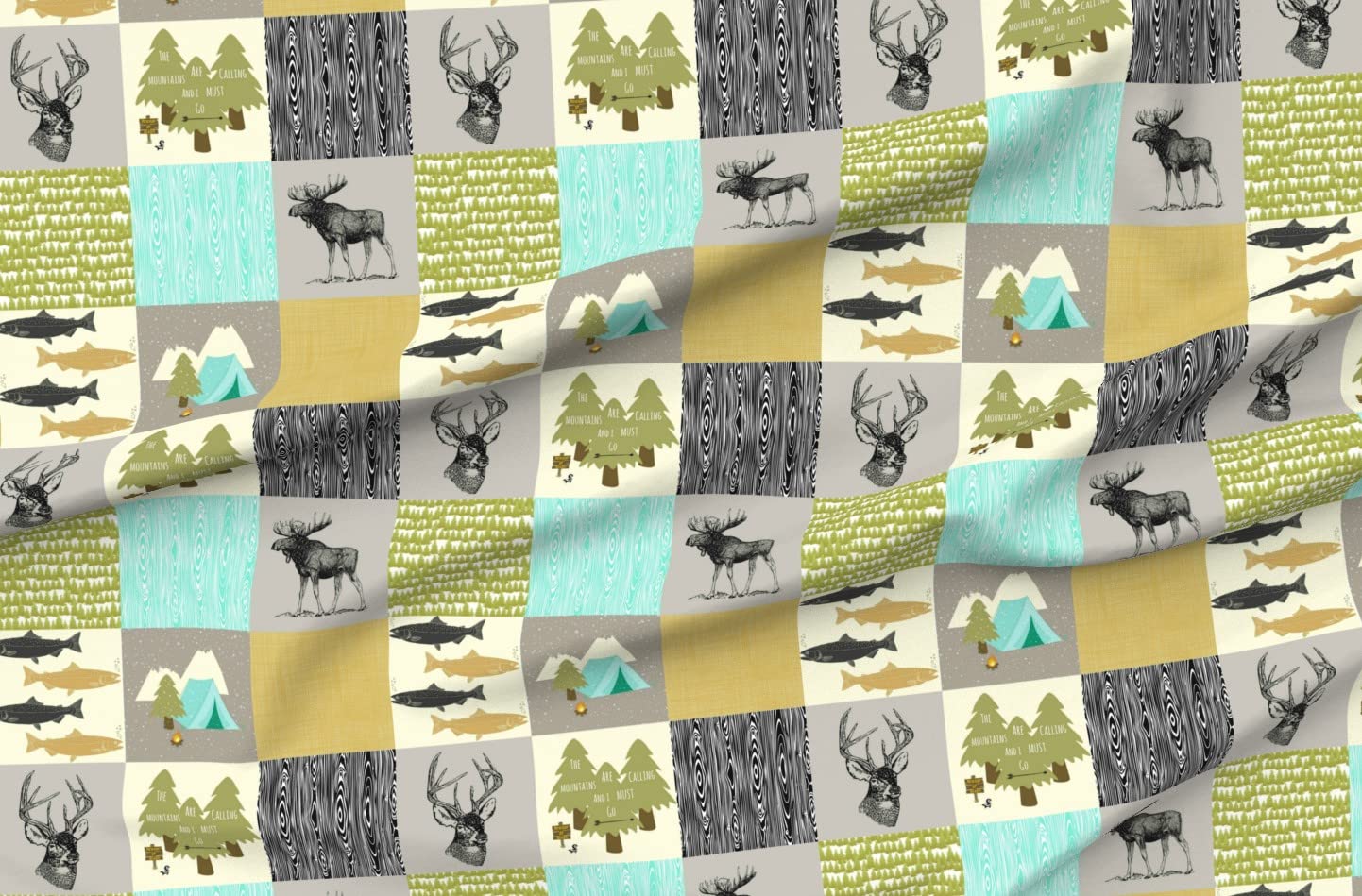 Petal Signature Cotton Fabric by The Yard - Camping Mountains Fishing Moose Wholecloth Cheater Quilt Top Pine Print | Premium Quilting & Sewing Material for DIY Apparel, Home Decor & Craft Projects | Perfect for Quilts, Curtains, Pillows & Table Runners